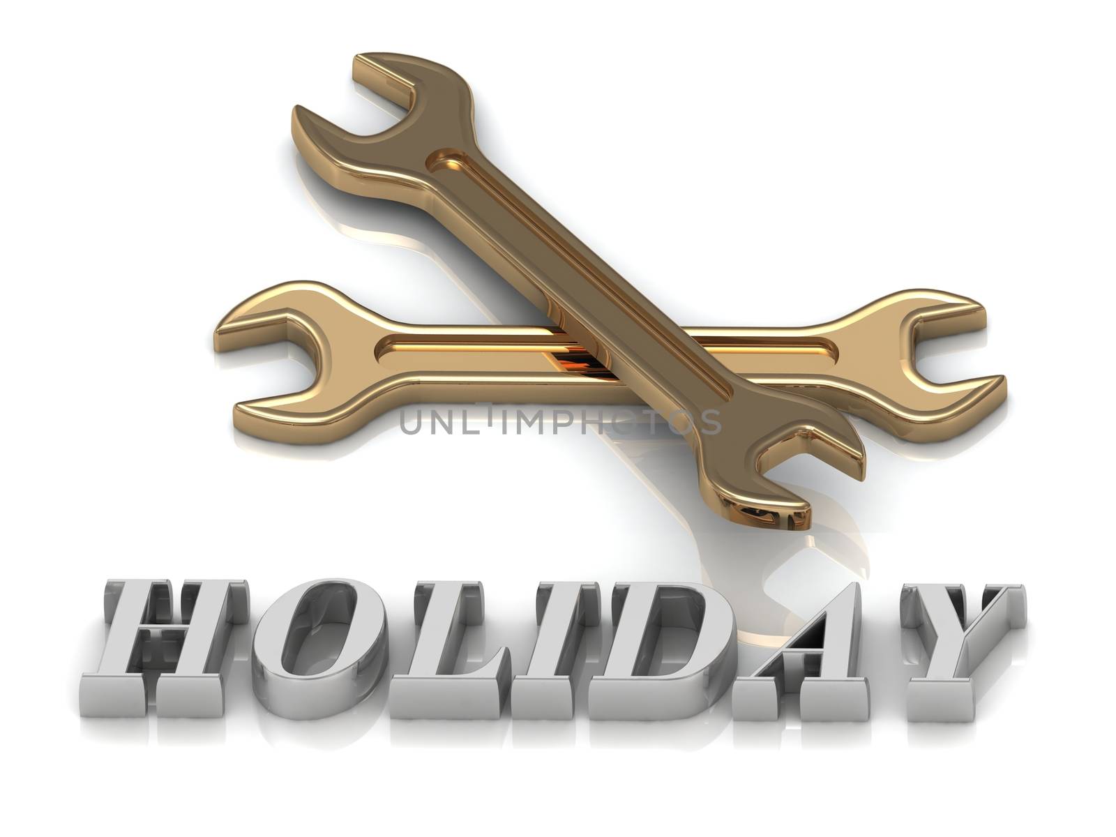 HOLIDAY- inscription of metal letters and 2 keys on white background