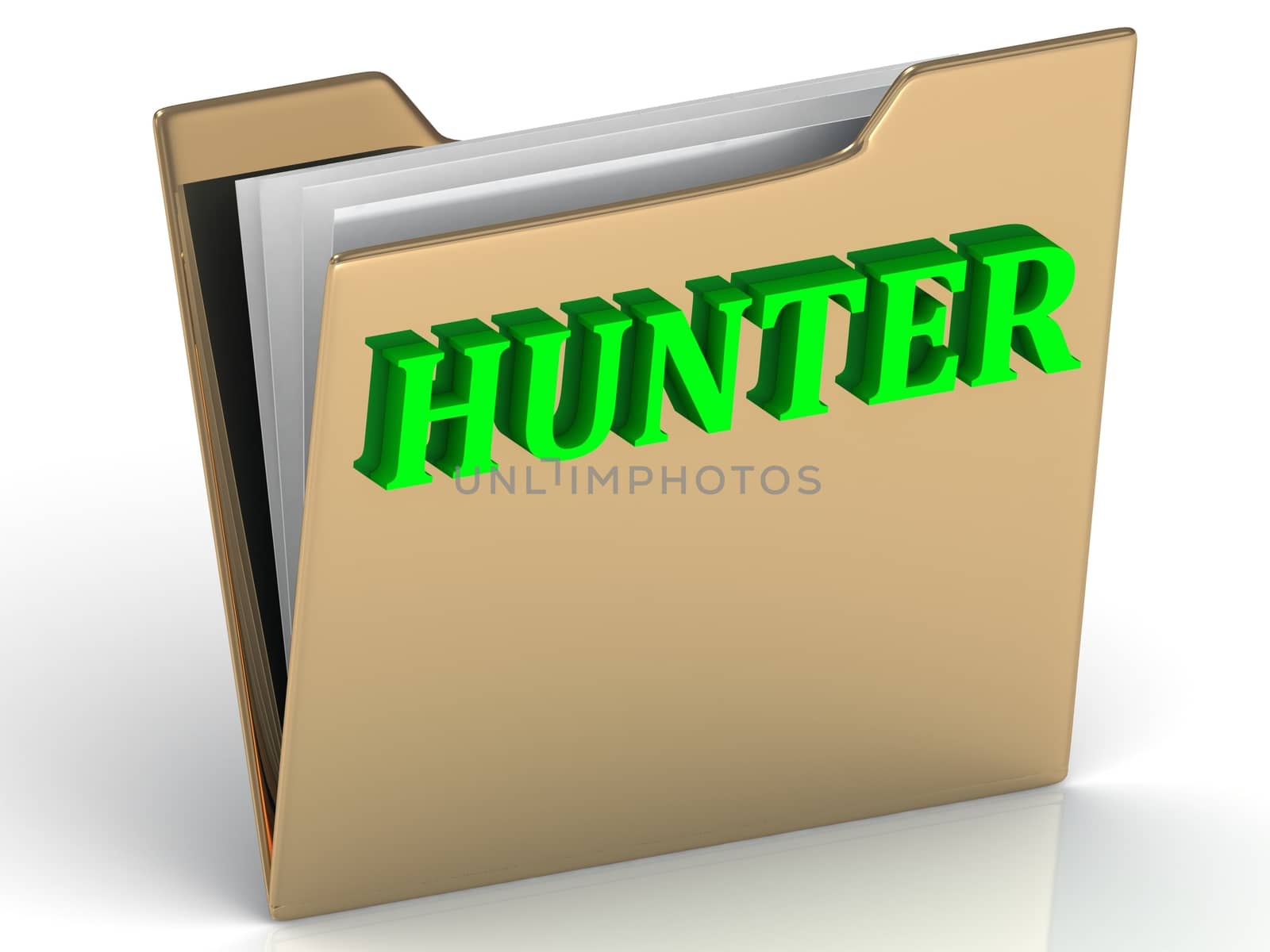HUNTER- bright green letters on gold paperwork folder on a white background