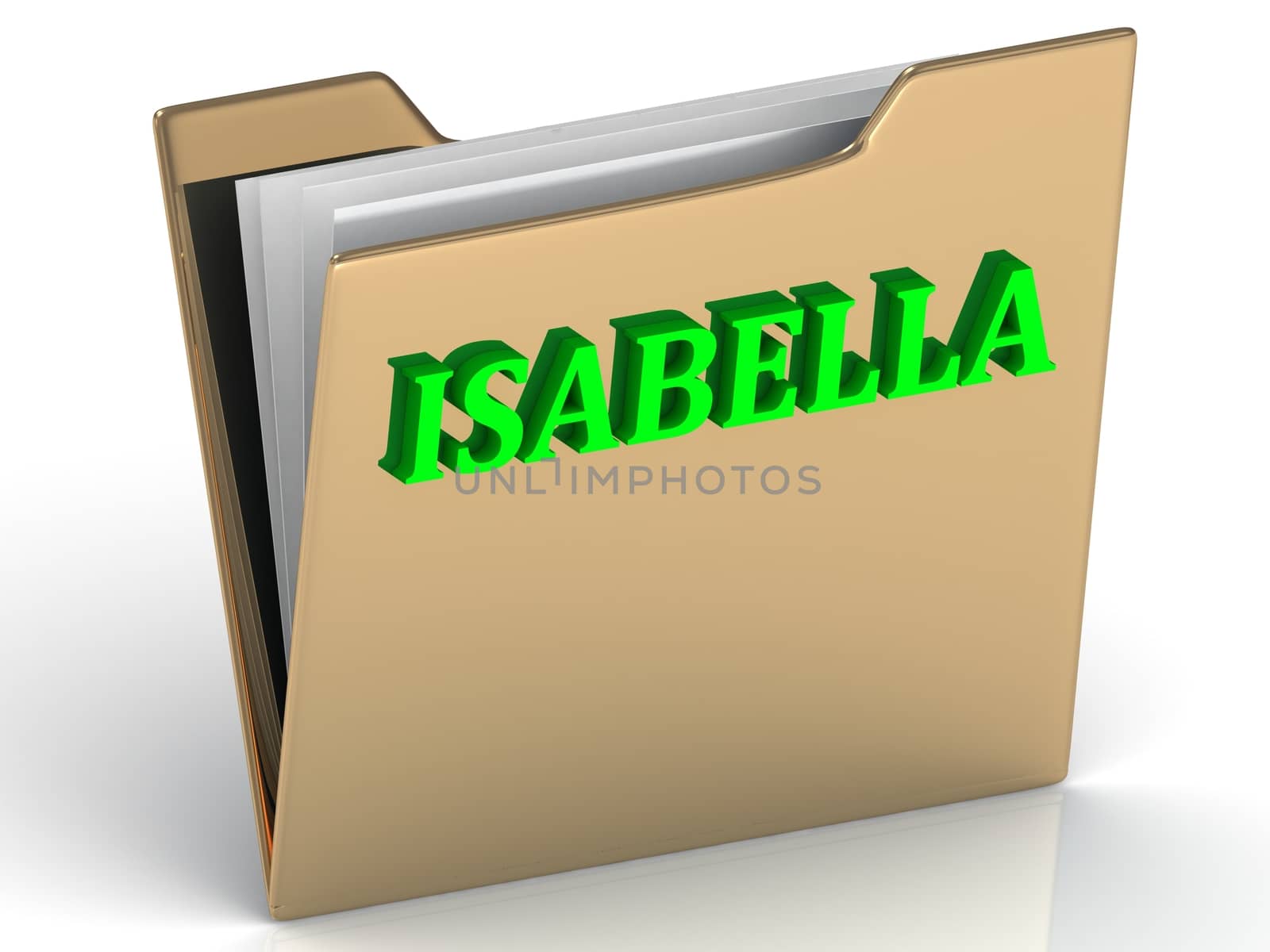 ISABELLA- bright green letters on gold paperwork folder on a white background