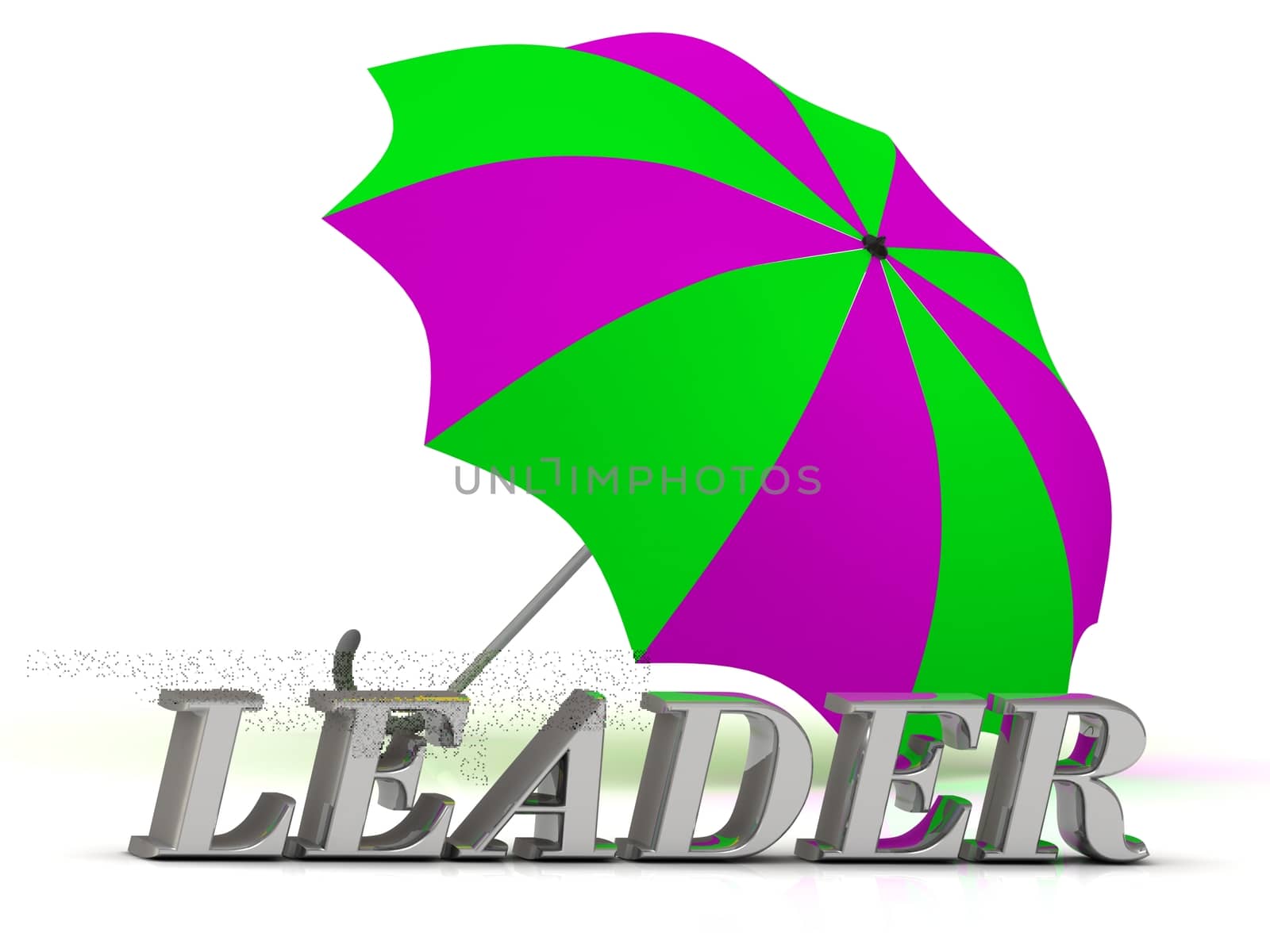 LEADER- inscription of silver letters and umbrella on white background