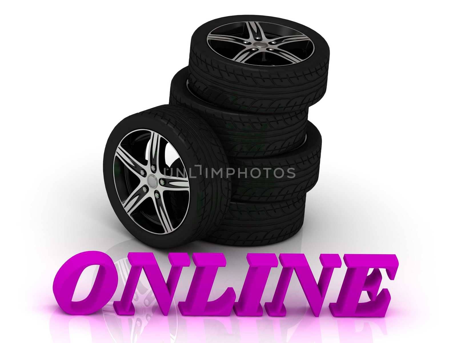ONLINE- bright letters and rims mashine black wheels on a white background