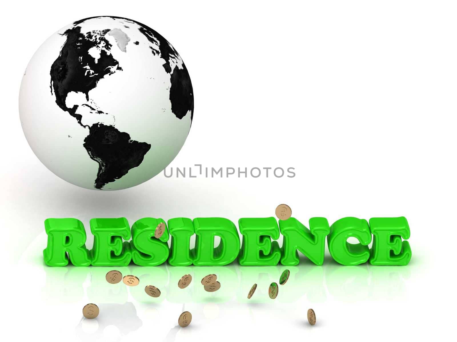 RESIDENCE- bright color letters, black and white Earth on a white background