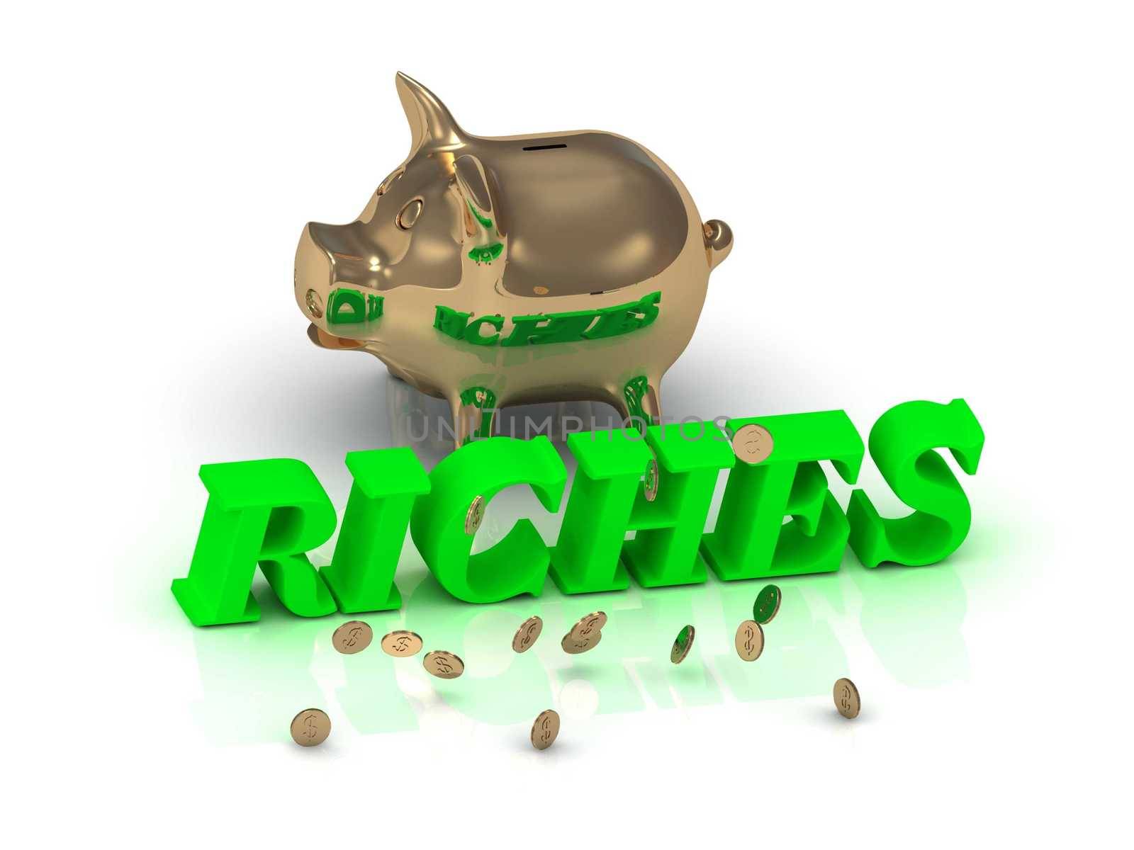 RICHES- inscription of green letters and gold Piggy by GreenMost