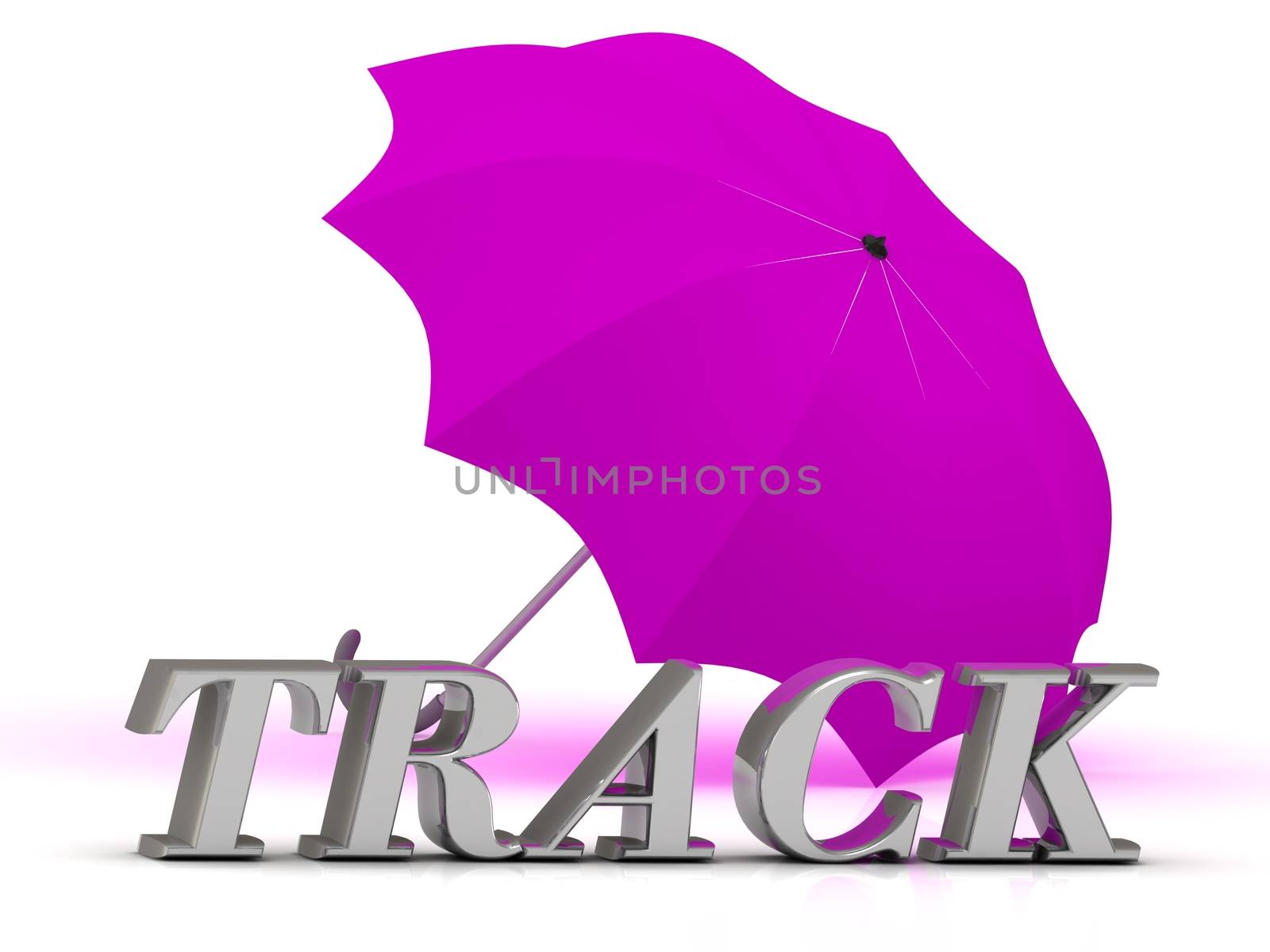 TRACK- inscription of silver letters and umbrella on white background