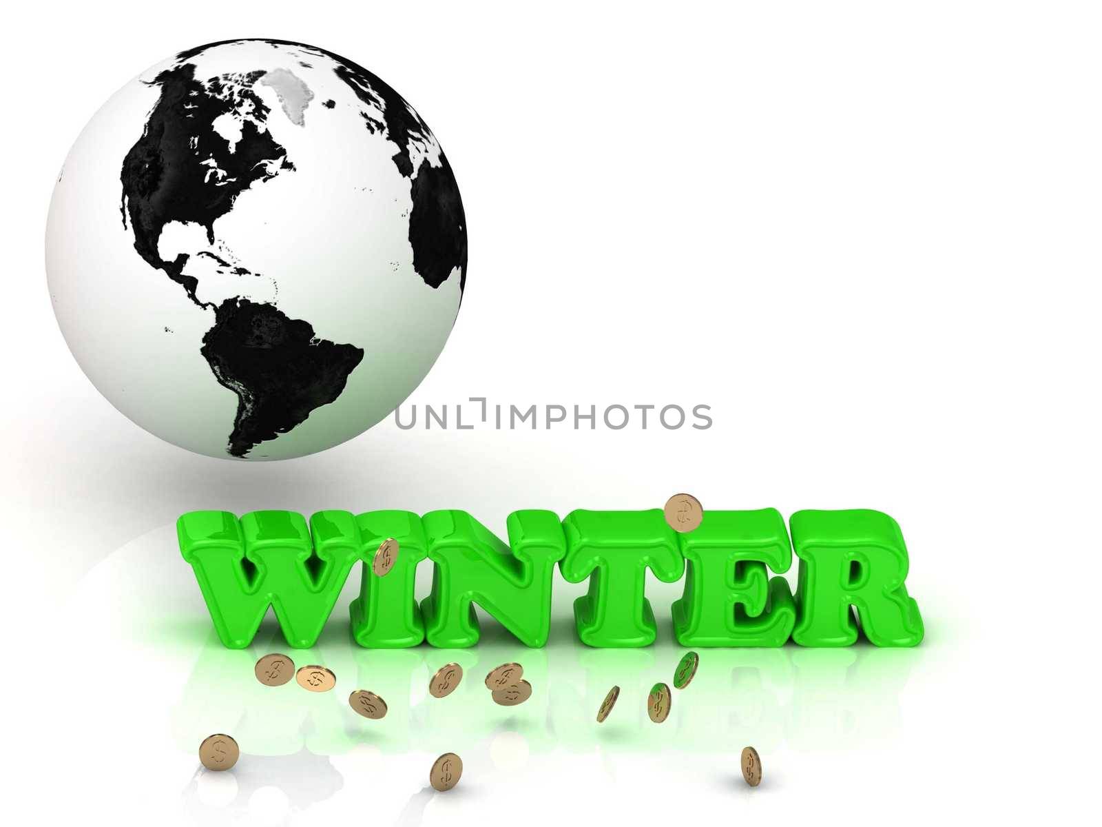 WINTER- bright color letters, black and white Earth on a white background