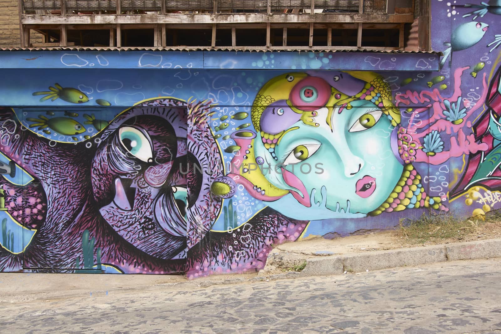 Colourful streets and building in the UNESCO World Heritage port city of Valparaiso in Chile.