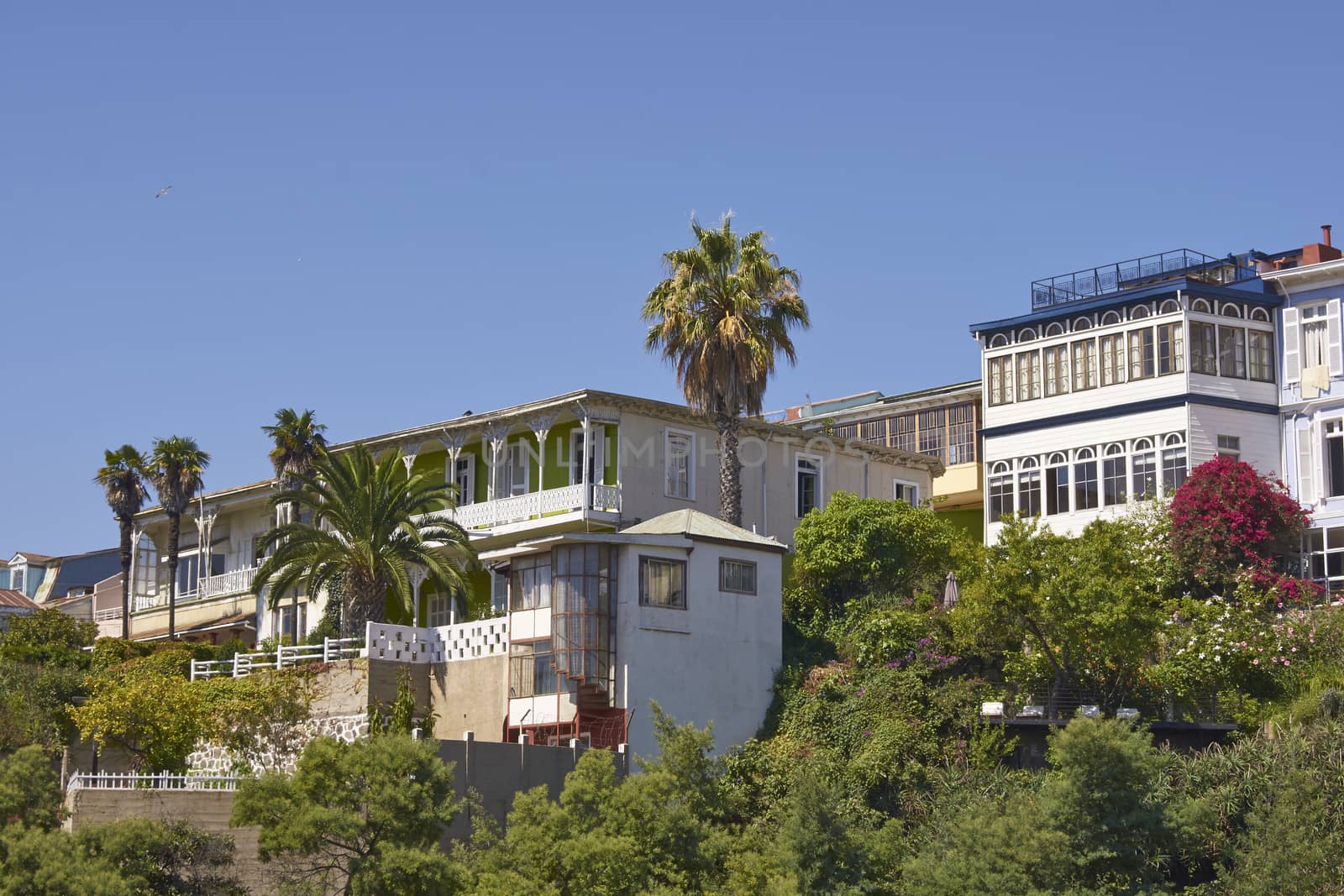 Historic buildings lining the hills of the UNESCO World Heritage port city of Valparaiso in Chile.