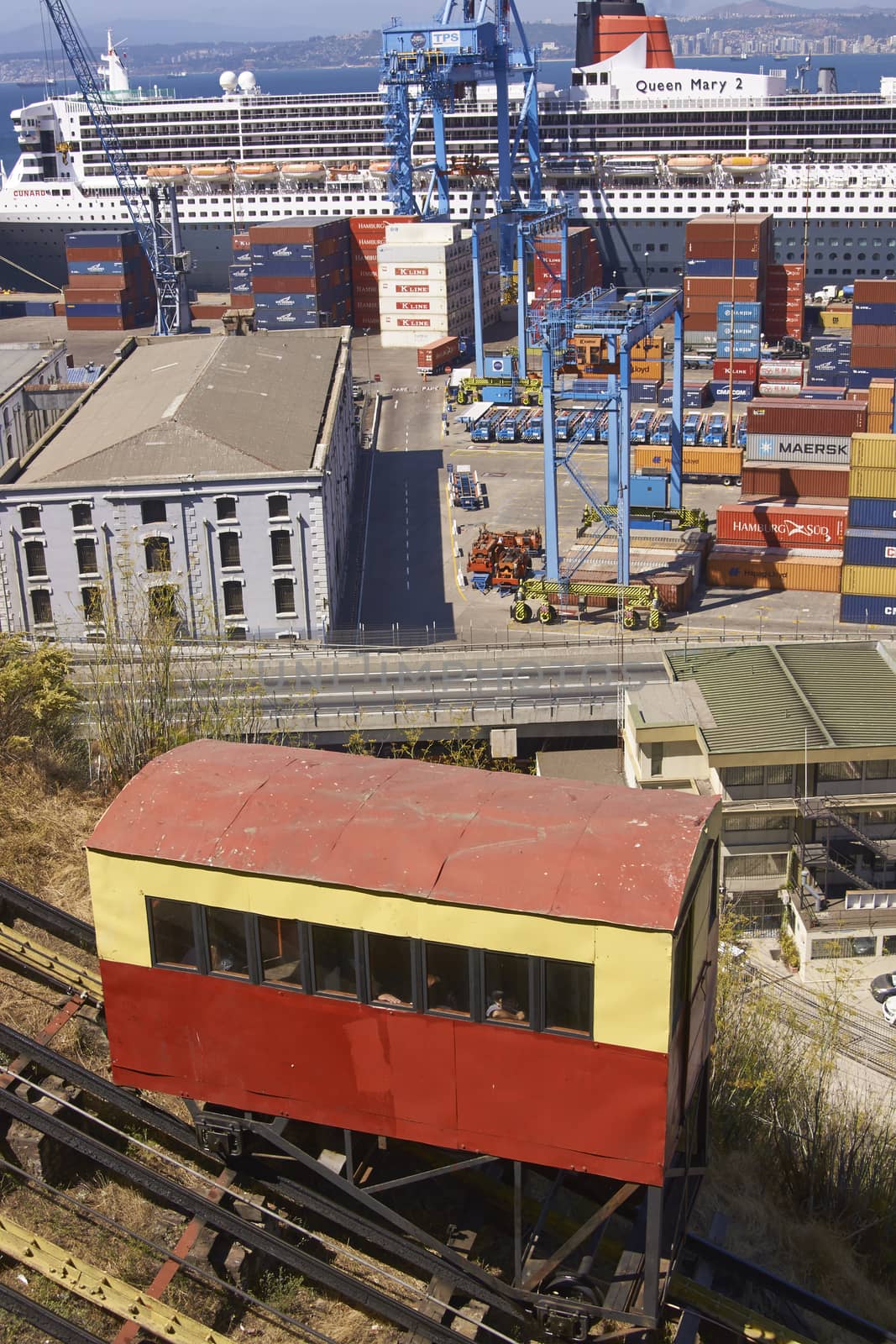 Historic funicular in the UNESCO World Heritage port city of Valparaiso in Chile.