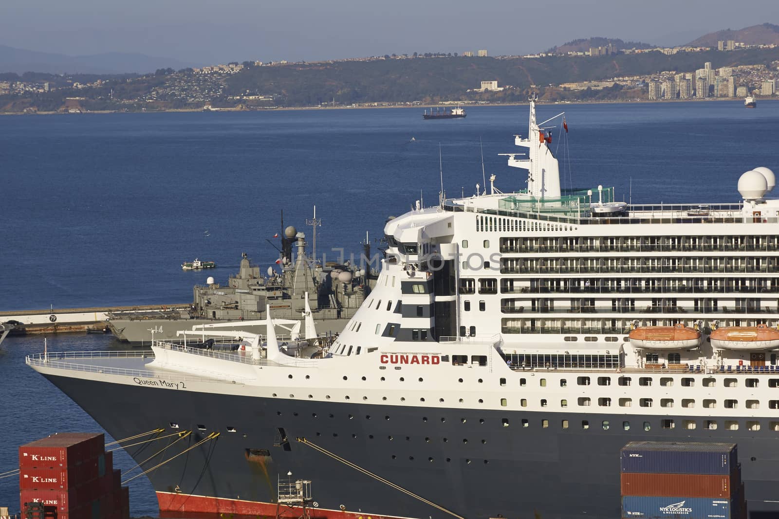 Large ocean liner berthed in the UNESCO World Heritage port city of Valparaiso in Chile.