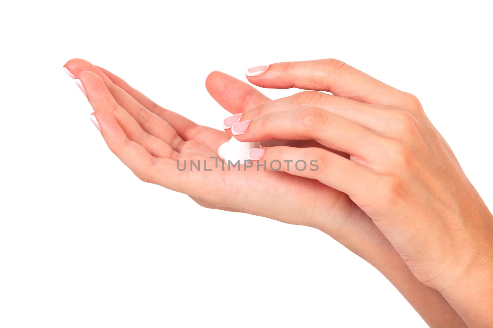 Female hands with a cream, isolated on a white background