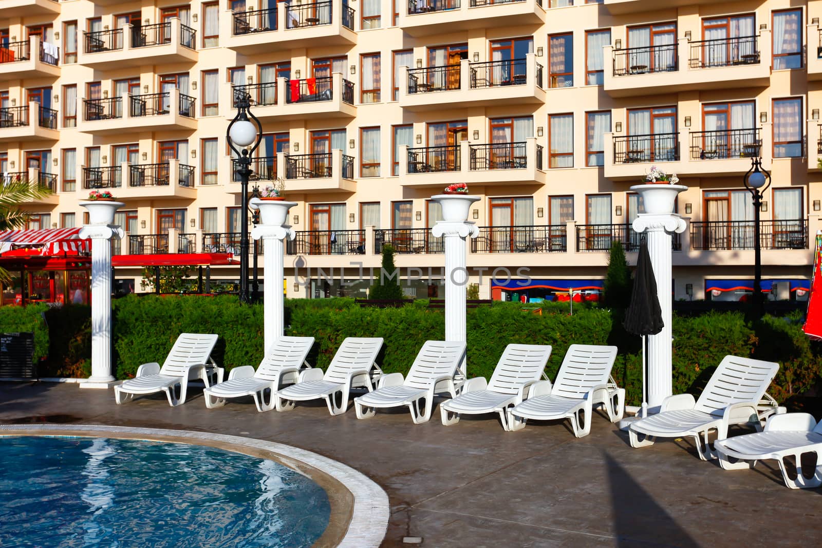 Hotel facade balconies in Golden Beach, Bulgary