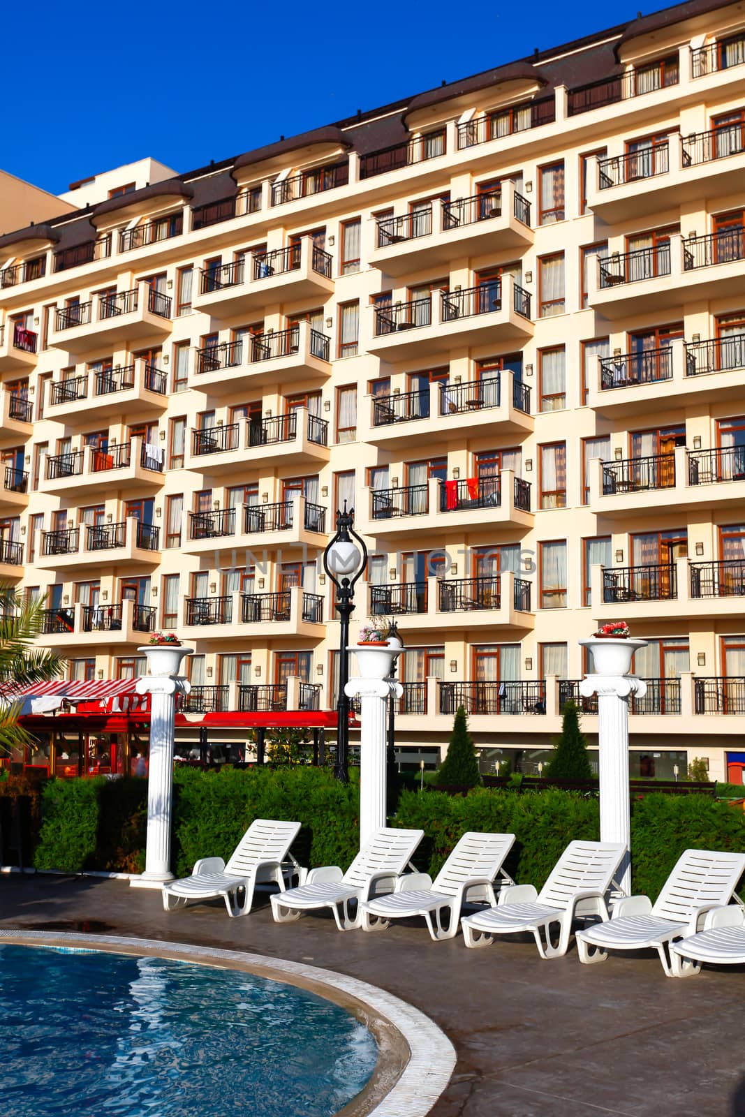 Hotel facade balconies in Golden Beach, Bulgary