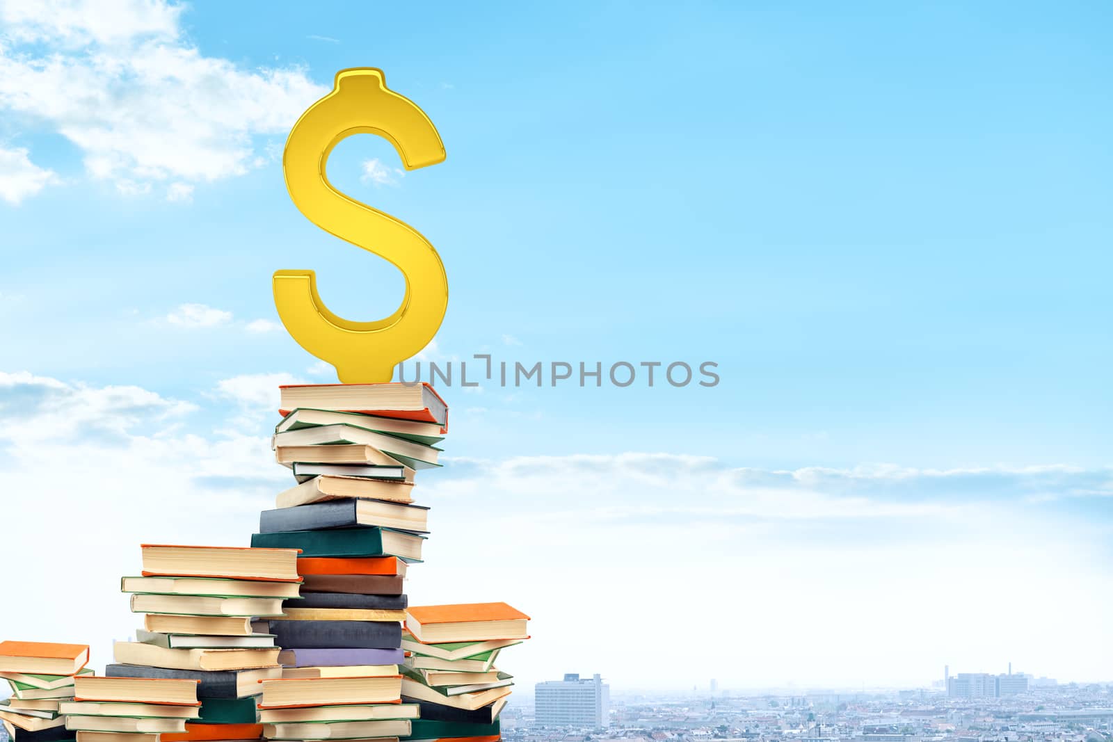 Dollar sign on pile of books, cityscape background