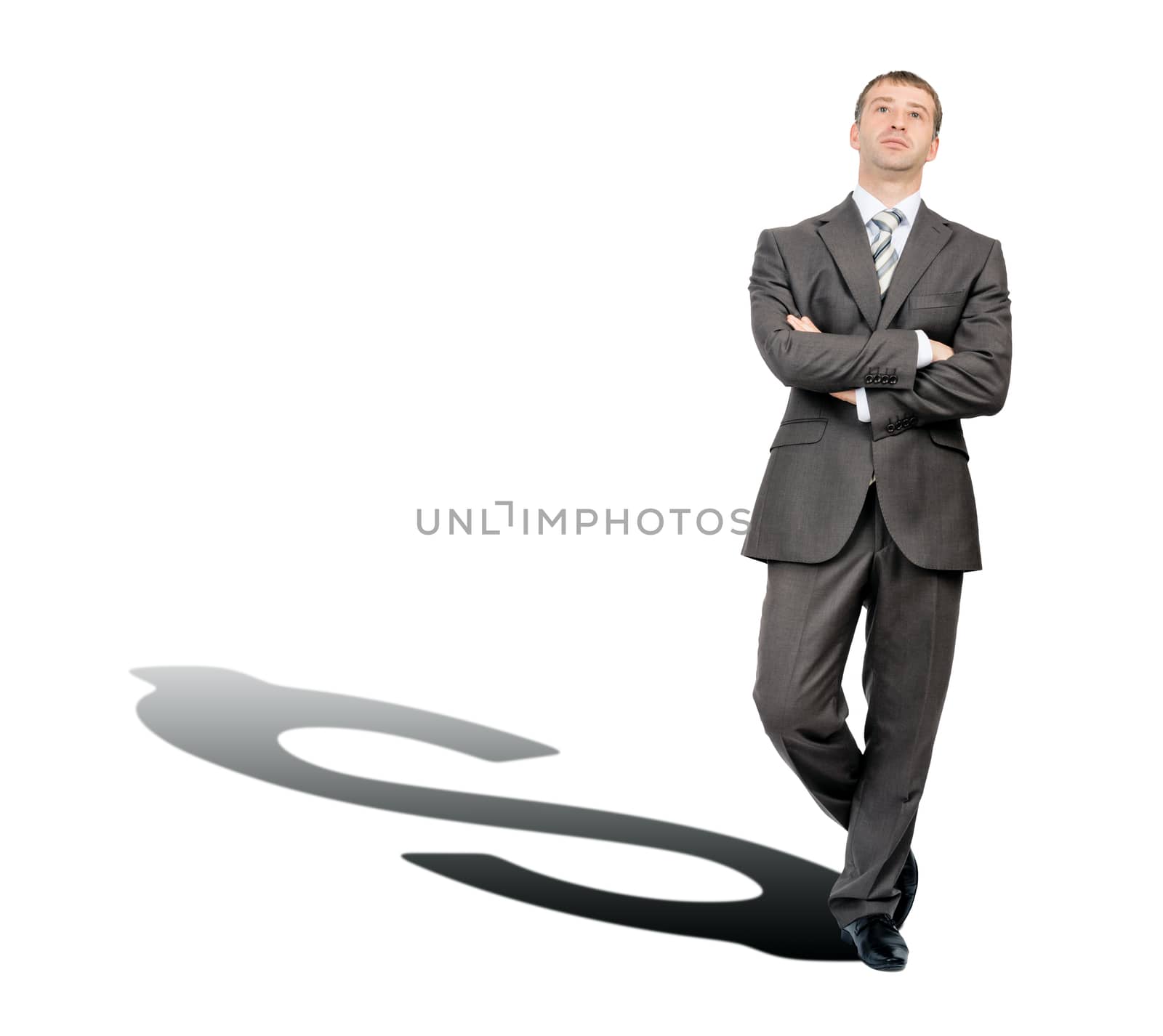 Businessman with dollar shadow isolated on white background