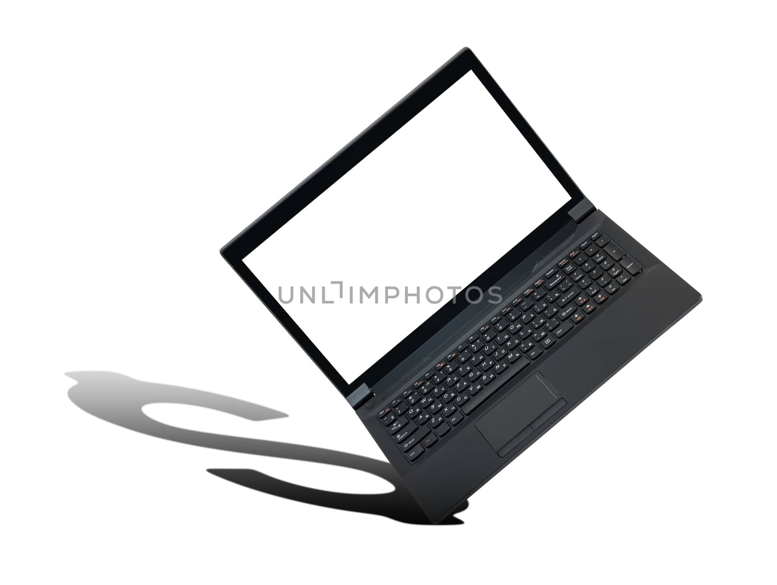 Laptop with dollar shadow isolated on white background