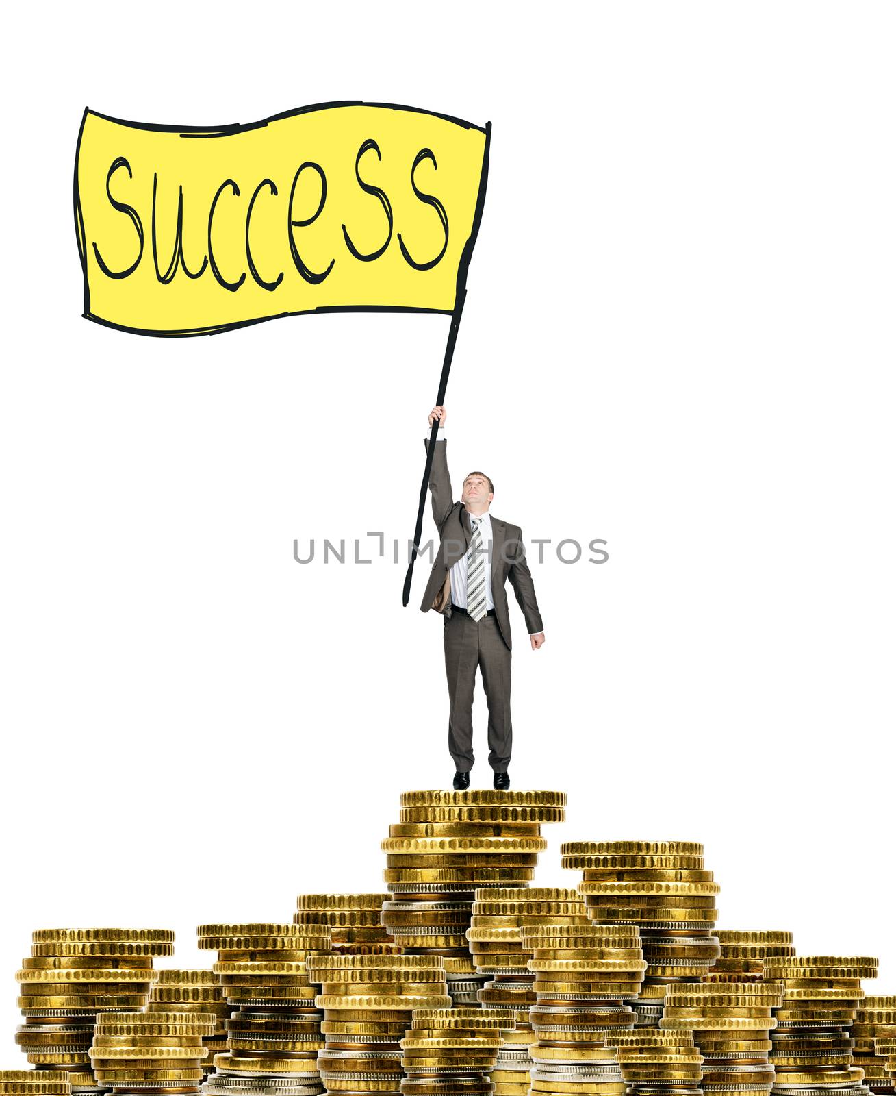 Businessman holding flag with word success and standing on coins isolated on white background