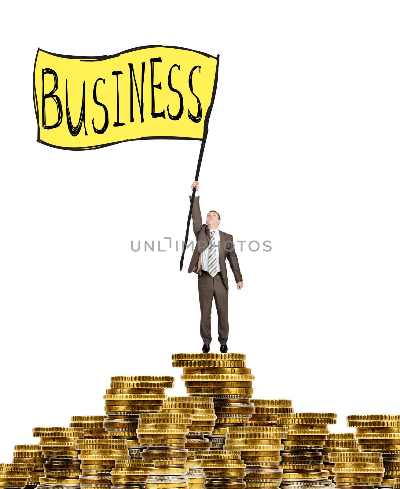 Businessman holding flag with word business and standing on coins isolated on white background