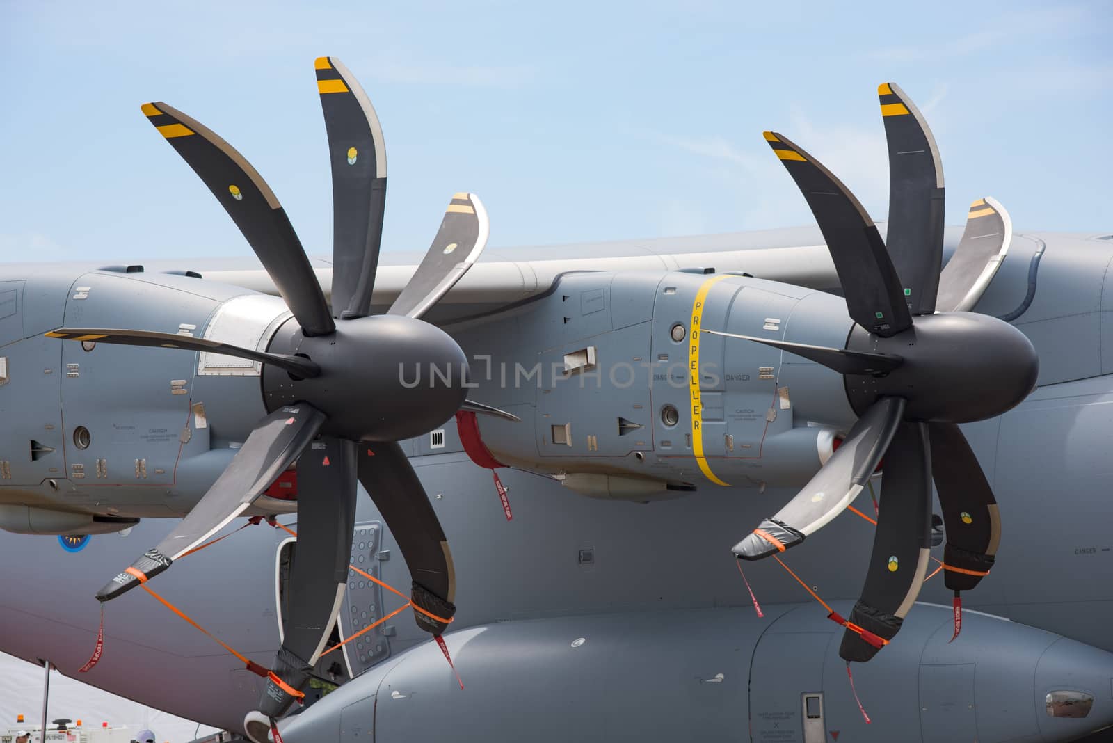Singapore - February 17, 2016: Engines and propellers of an Airbus A400M on display during Singapore Airshow at Changi Exhibition Centre in Singapore.