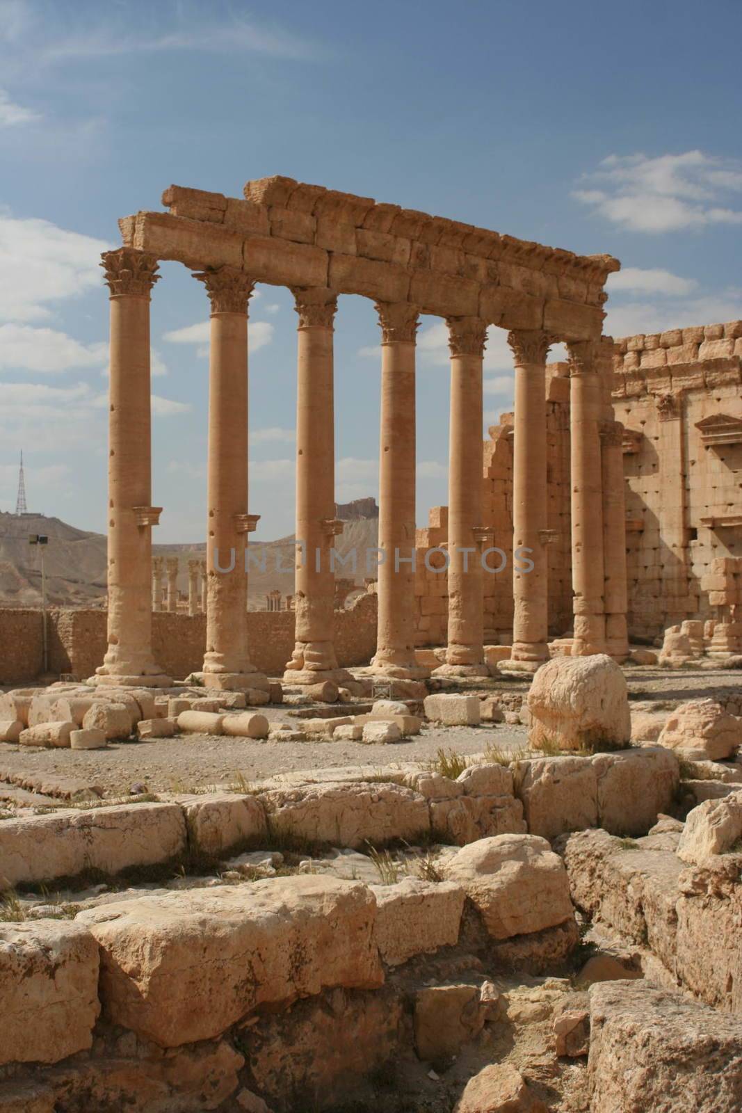 SYRIA, Palmyra : A picture shows ruins of the antique city of Palmyra located on an oasis in central Syria on April 13, 2010. Syria's antiquities chief hailed the imminent recapture of the ancient city of Palmyra from the IS group and vowed to rebuild the famed monuments the jihadists have destroyed, on March 24, 2016.