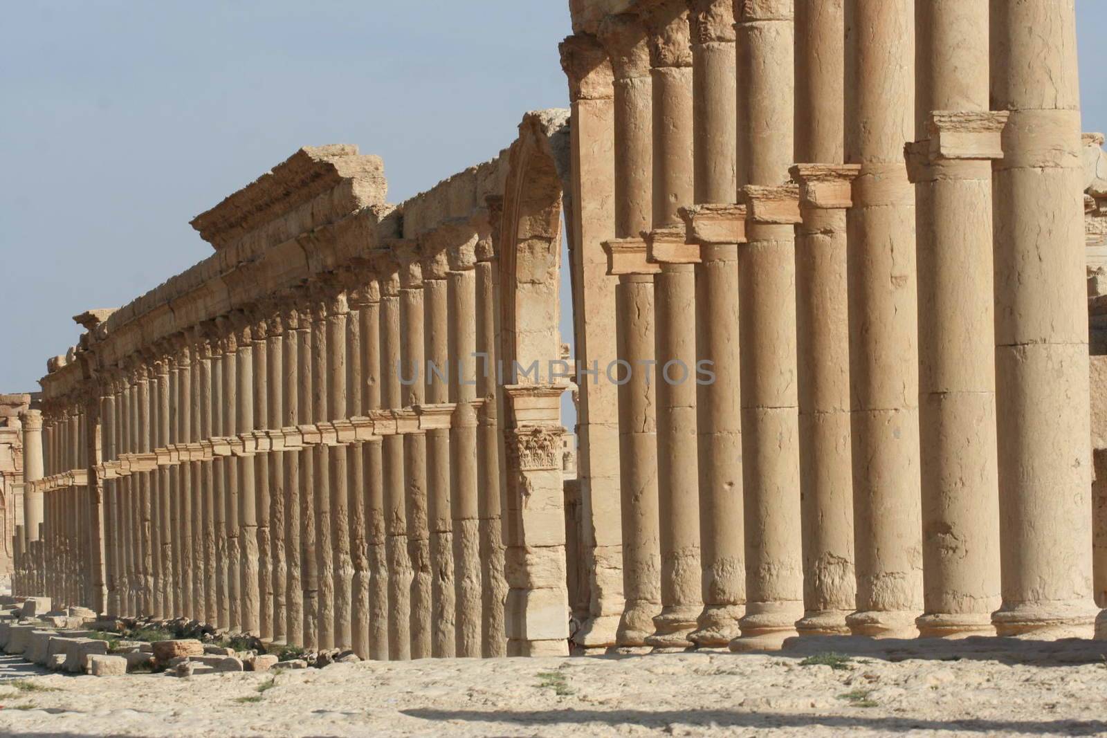 SYRIA, Palmyra : A picture shows ruins of the antique city of Palmyra located on an oasis in central Syria on April 13, 2010. Syria's antiquities chief hailed the imminent recapture of the ancient city of Palmyra from the IS group and vowed to rebuild the famed monuments the jihadists have destroyed, on March 24, 2016.