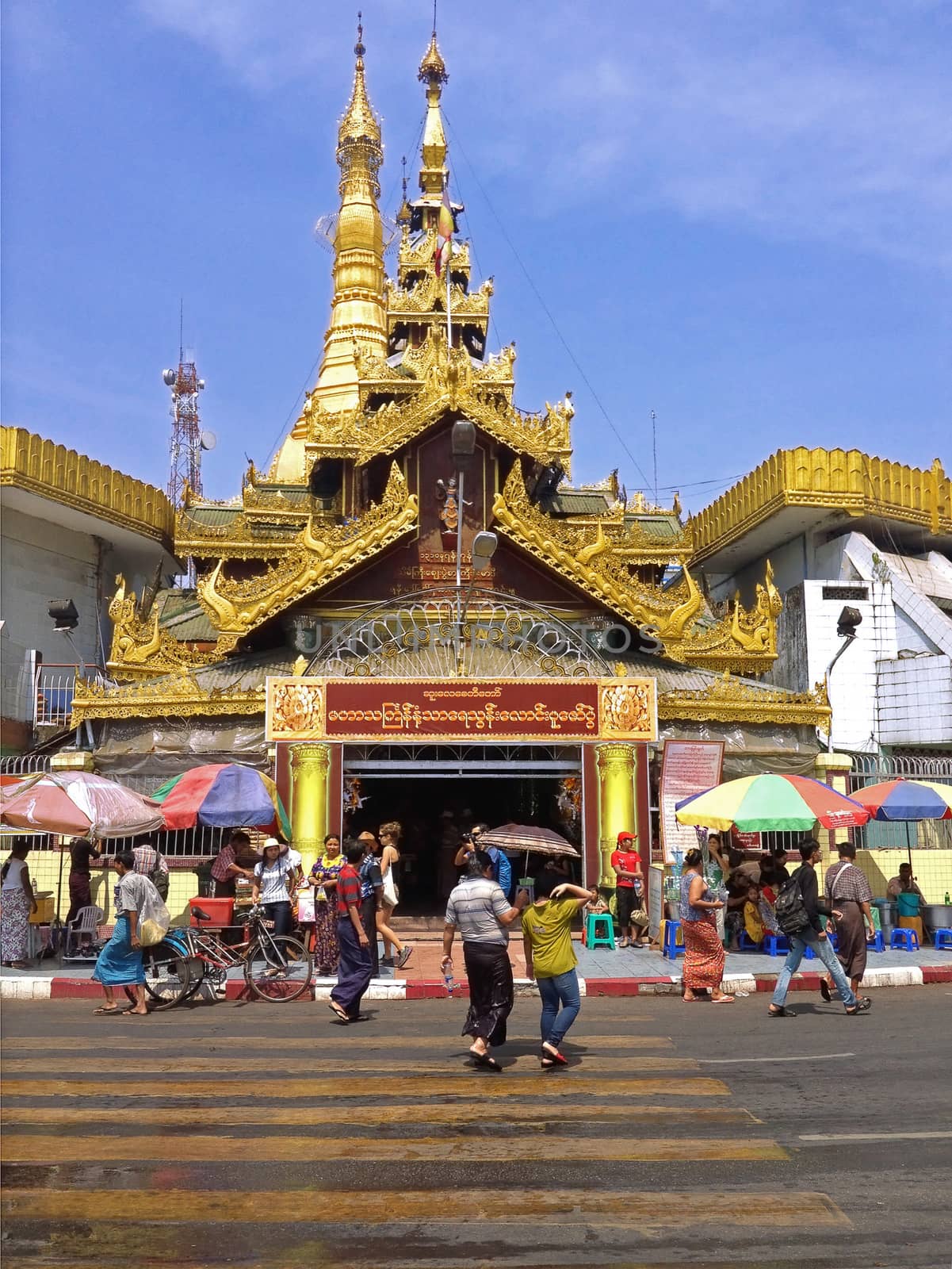 Yangon, Myanmar - APR15 : The Sule Pagoda in the day light on Thingyan Water Festival April 15,2013 in Yangon, Myanmar. Sule Pagoda located in the heart of Yangon.