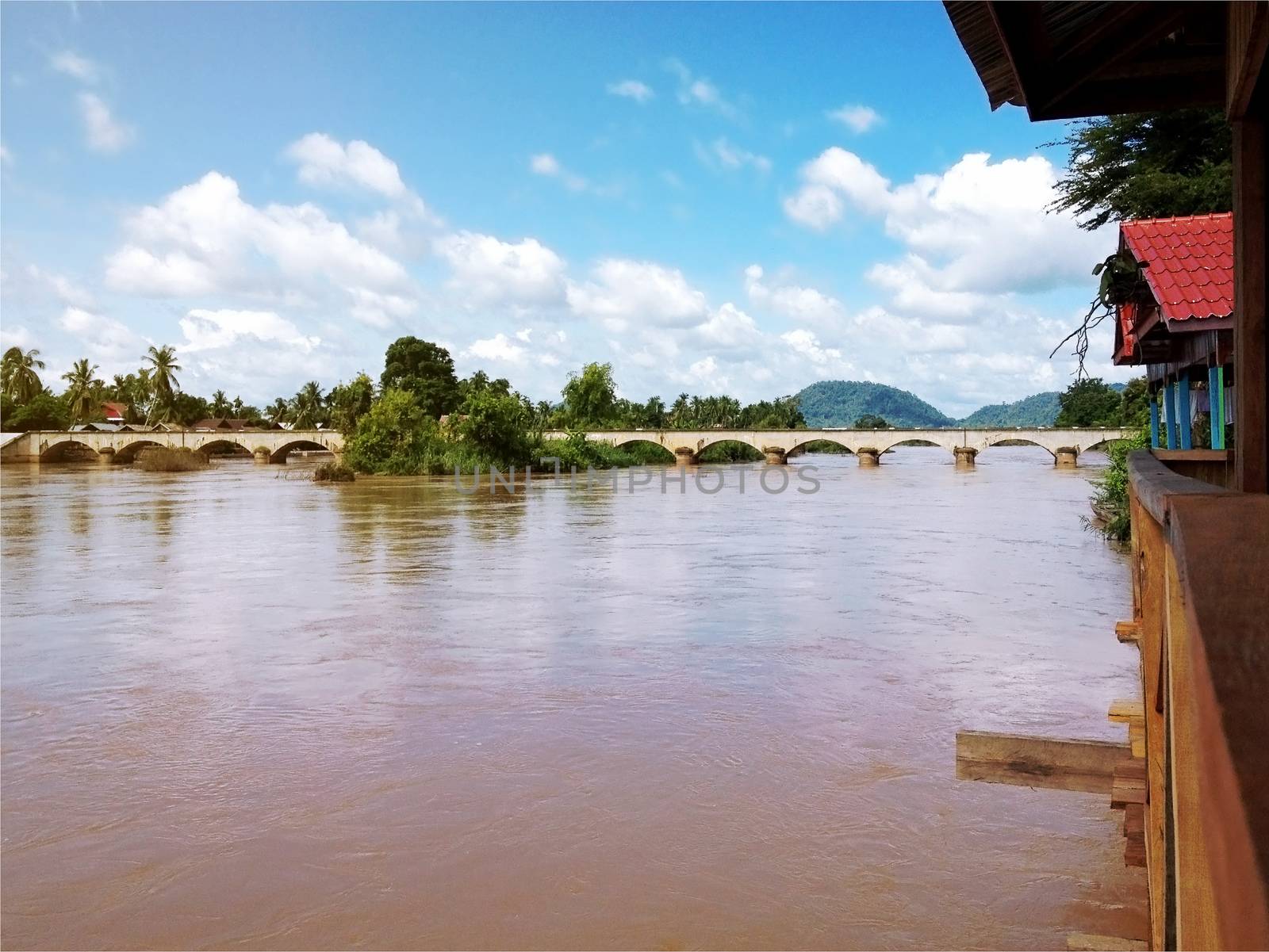 View of Mekong River and bridge between Don Det and Don Khone Island from Cottage - Laos