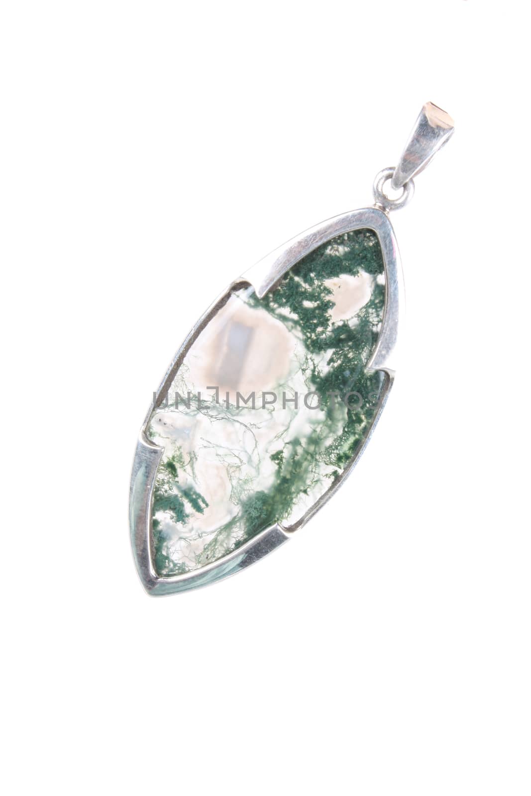 A silver pendant with a semi precious gemstone in a unique shape, on white studio background.