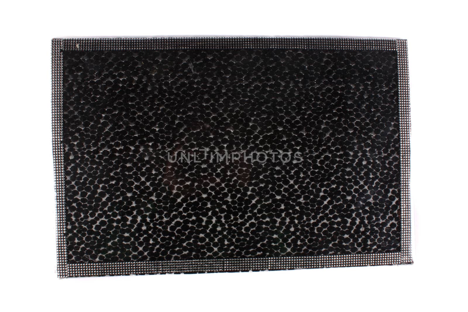 A black luxurious door mat with designer fabric and sequined border.