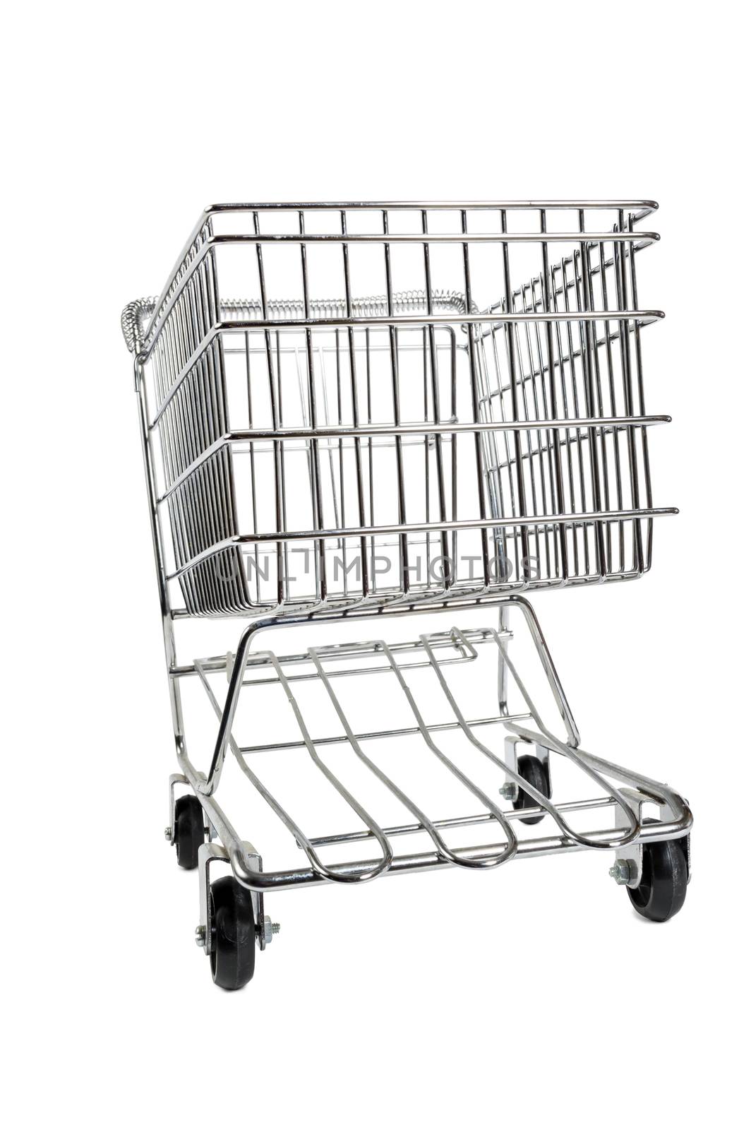 Grocery shopping cart shot on an angle and isolated on white. Lots of copy space