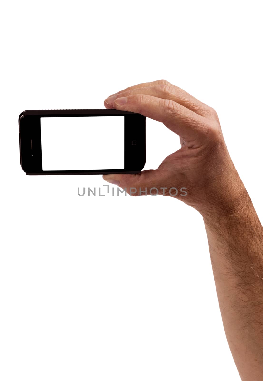 Hand holding a smart phone isolated on white.