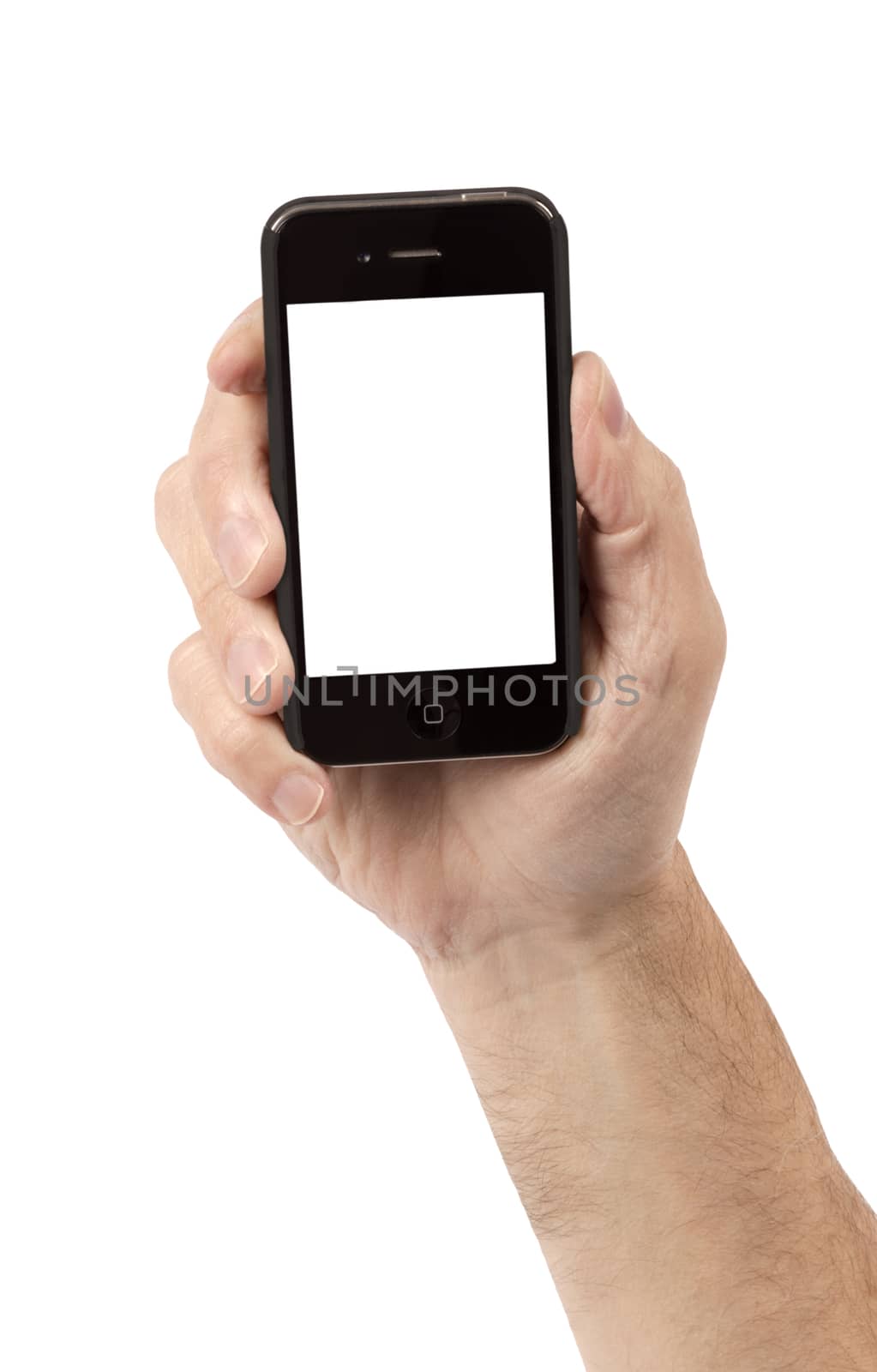 Vertical shot of hand holding smart phone.  Isolated on white.
