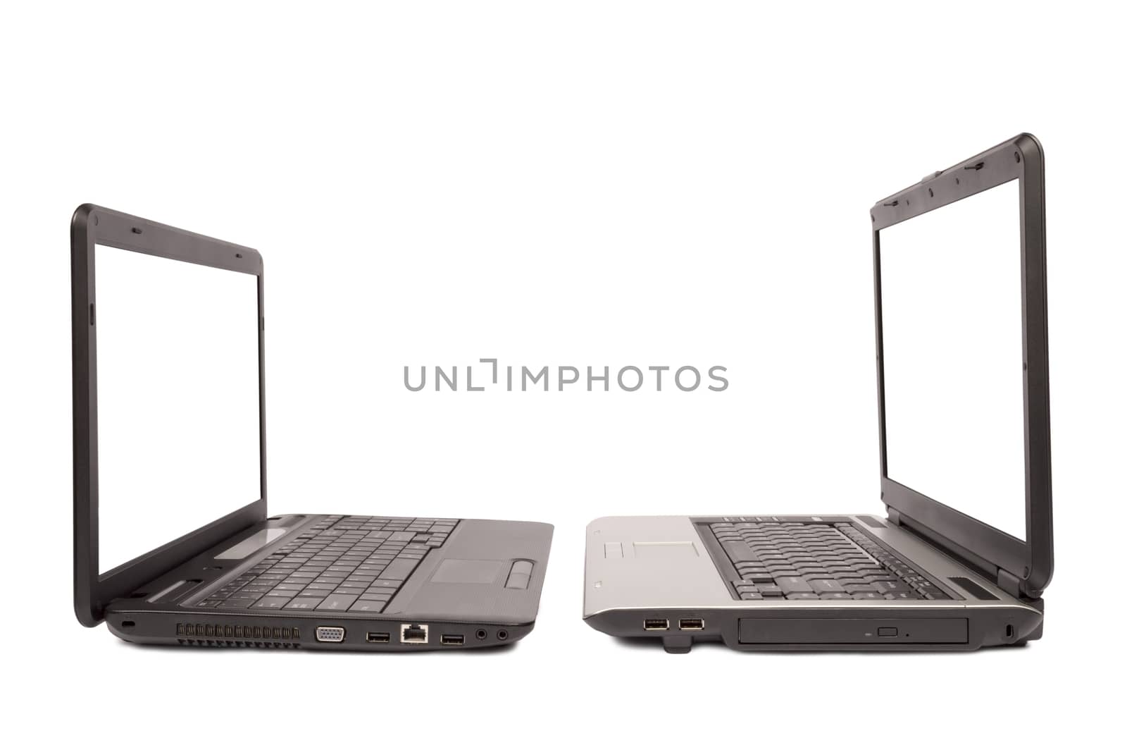 Interesting and unique concept of communication between two laptop computers.  Isolated on white.