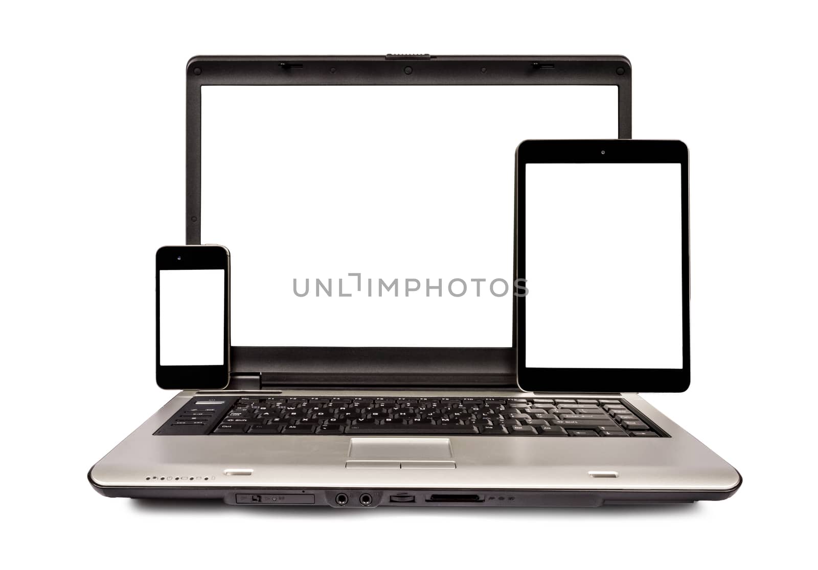 Selection of mobile phone, laptop computer and digital tablet isolated on white with isolated screens for your copy