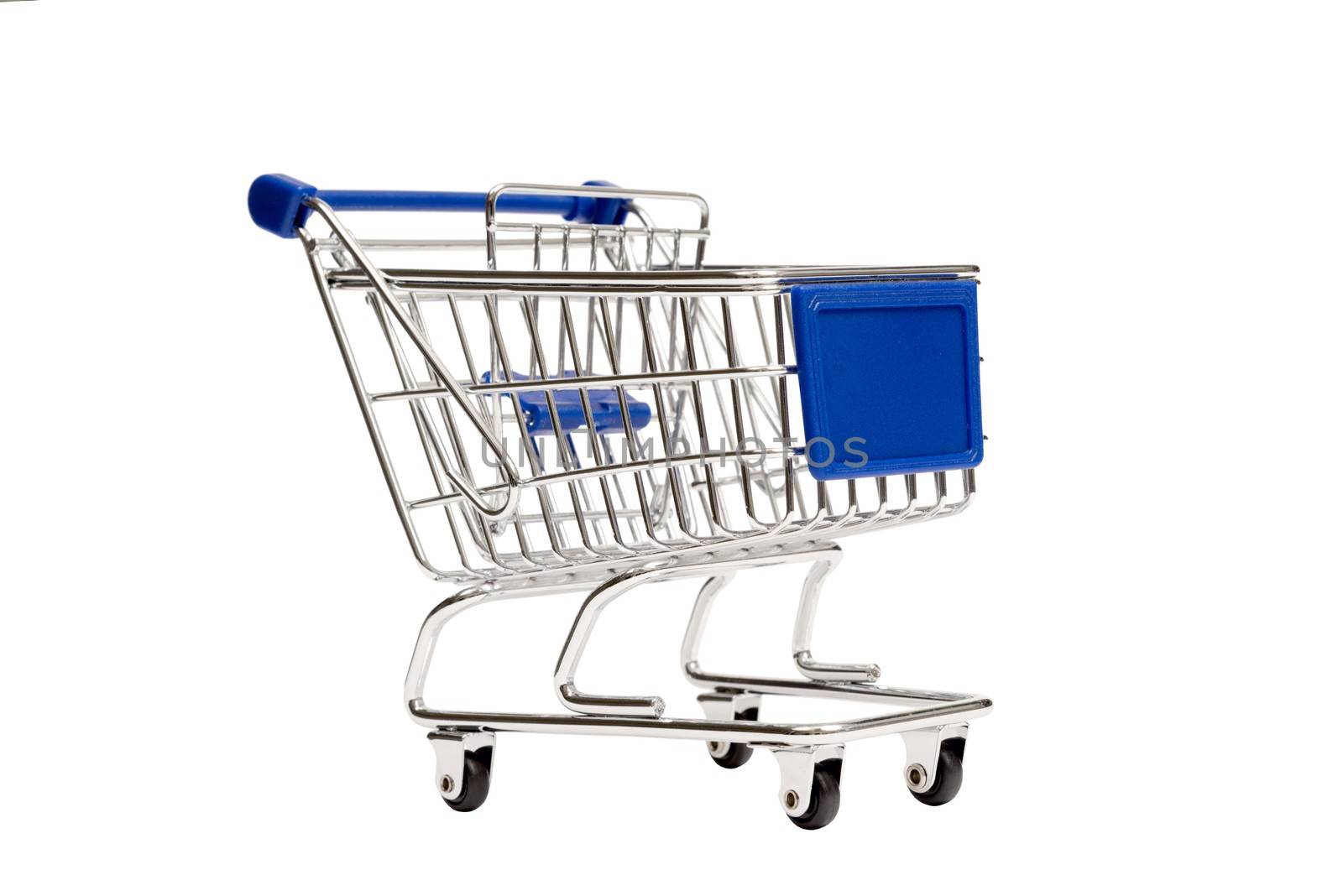 Shopping cart with blue handle and blue blank front isolated on white.