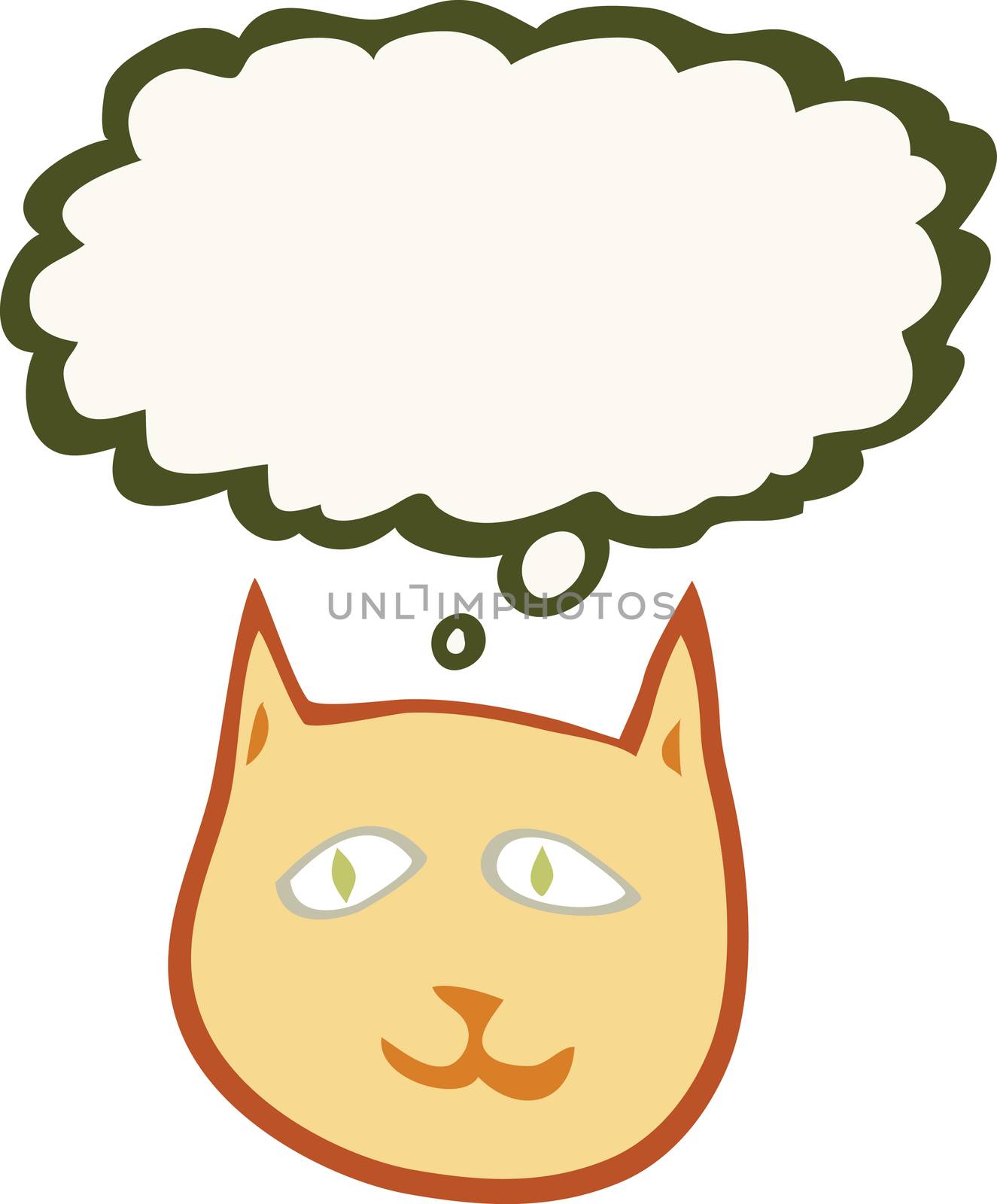 Illustration of simple grinning cat face with thought bubble over white background