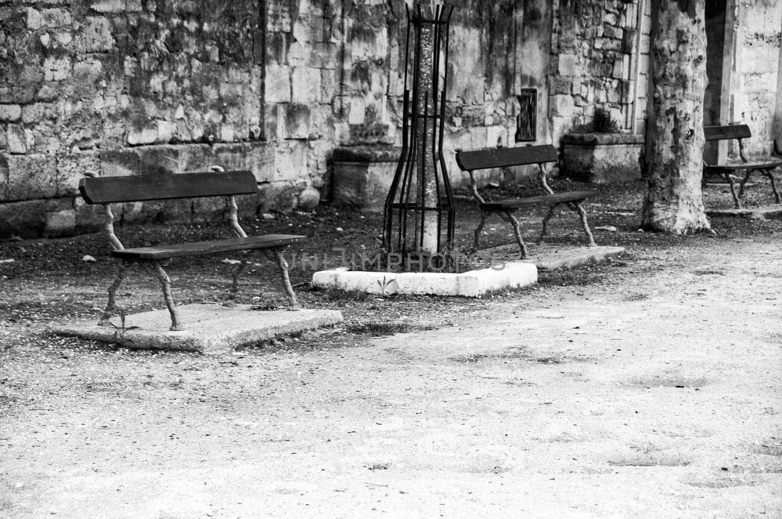 wood public Bench In the street black and white France Provence