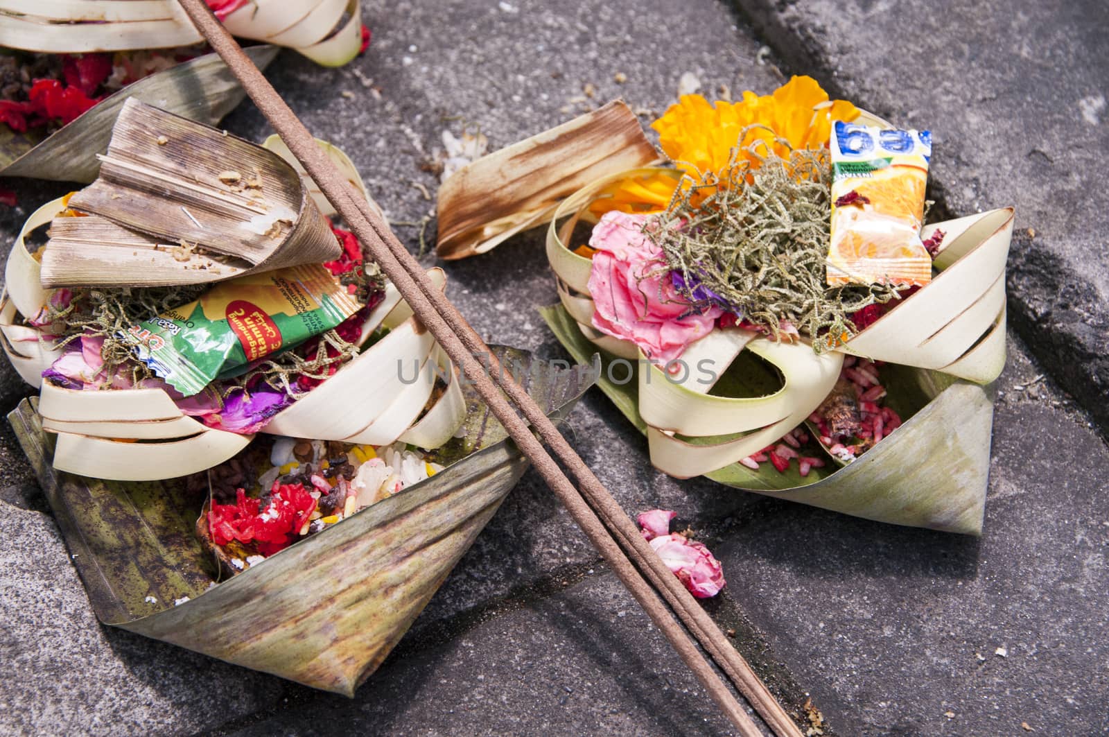 Hindu offerings and gifts to god in the temple in Bali Indonesia