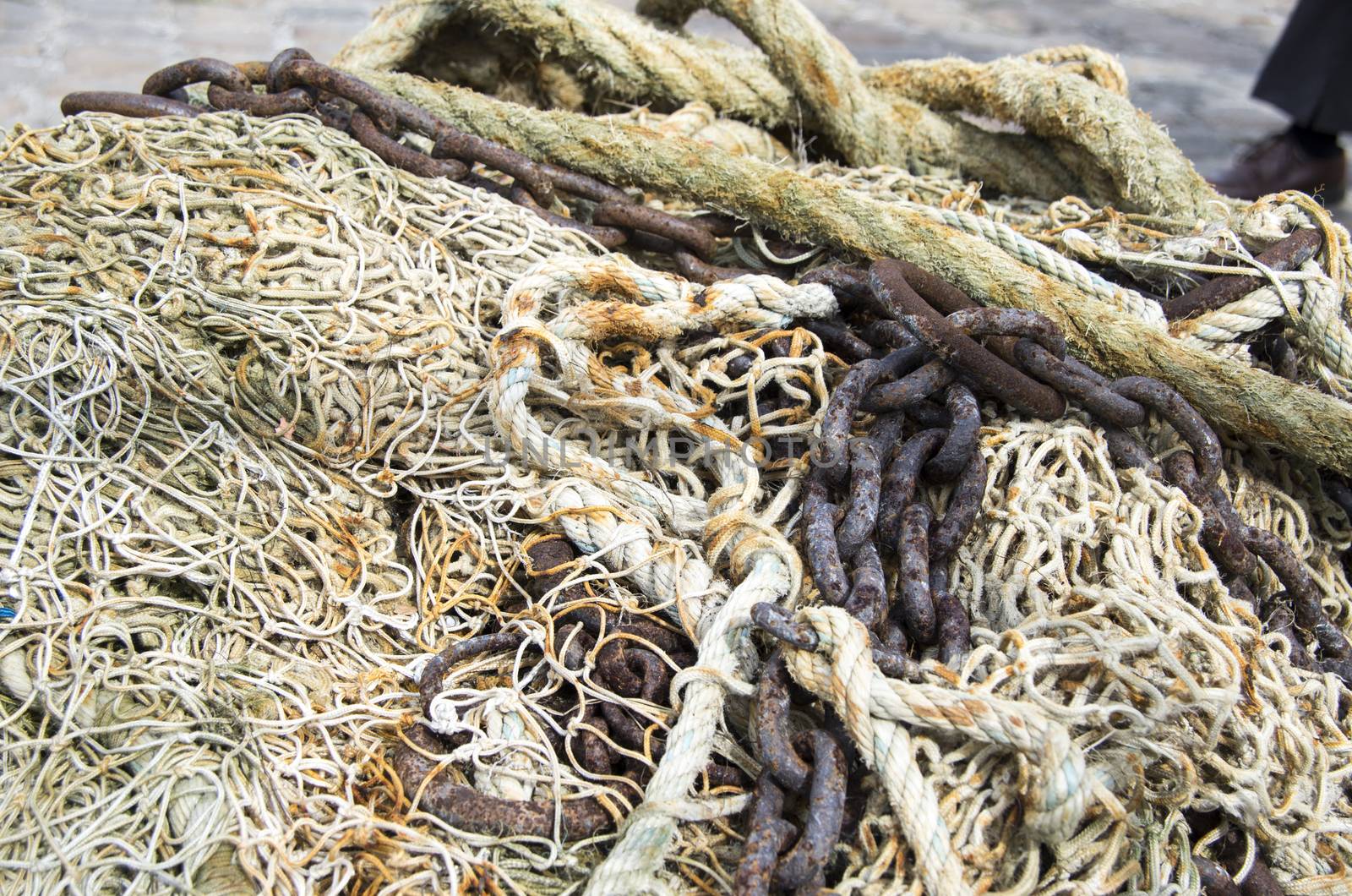 Closeup of a fishing net equipment boat France