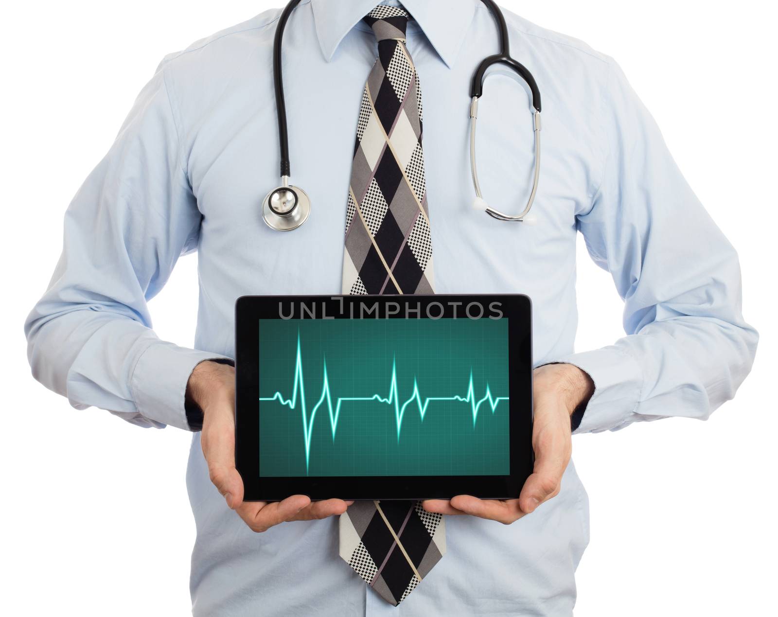 Doctor, isolated on white backgroun,  holding digital tablet - Heartbeat graph