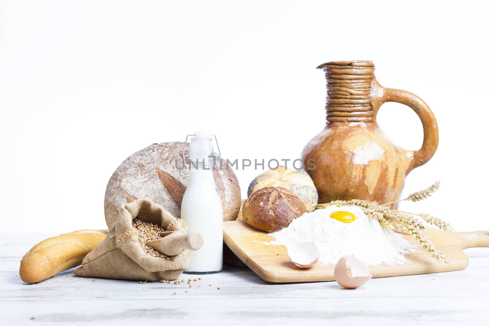 Breakfast items. Bakery Bread.Various Bread and Sheaf of Wheat Ears