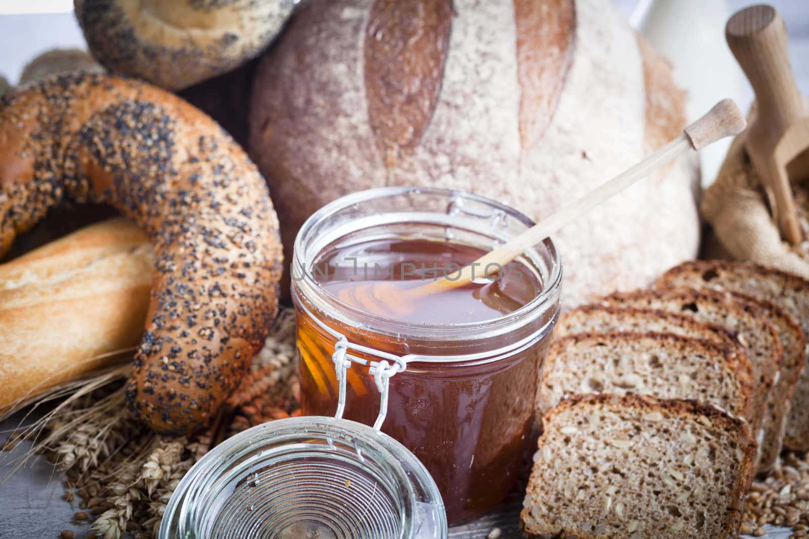 Breakfast items. Bakery Bread.Various Bread and Sheaf of Wheat Ears