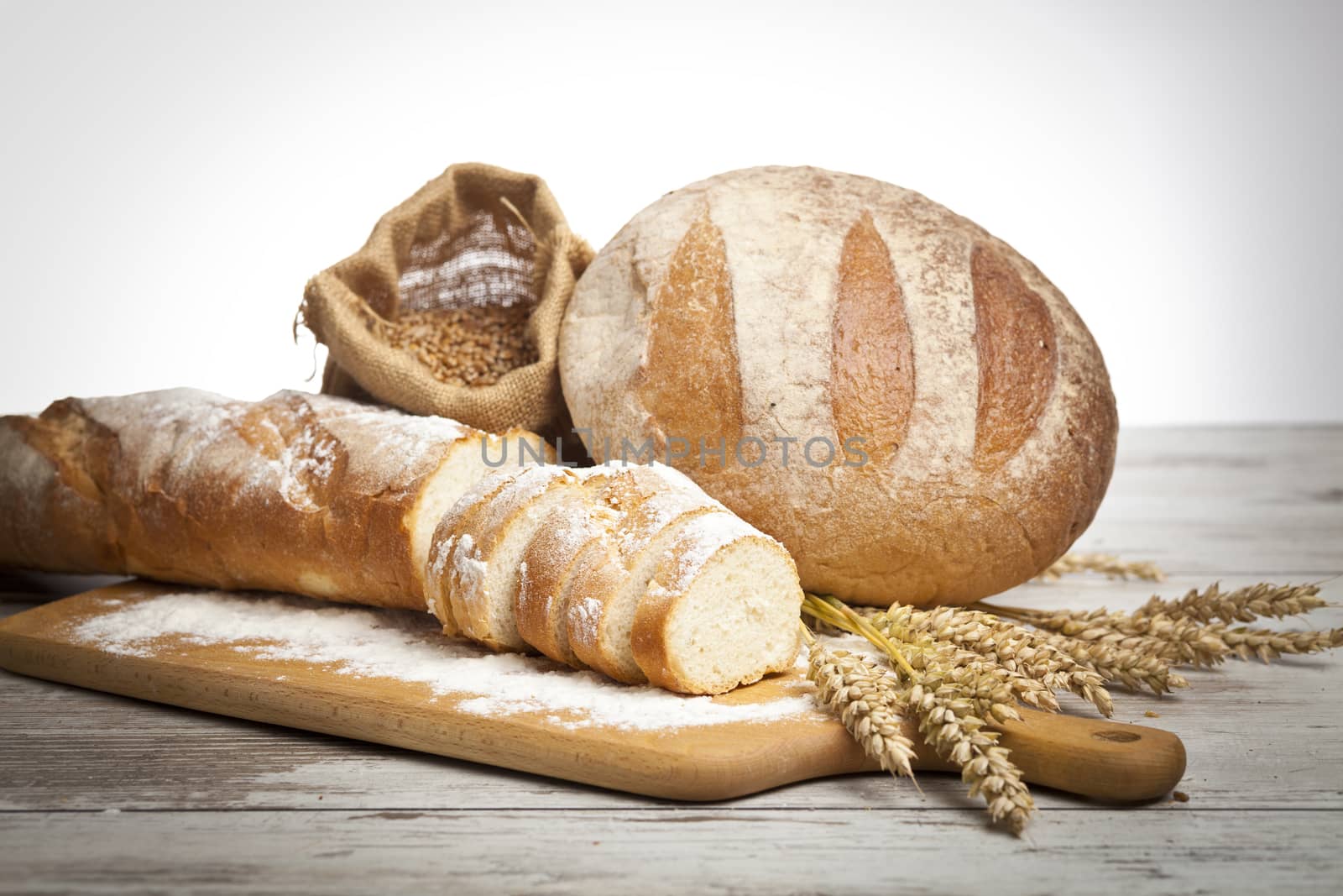 Breakfast items. Bakery Bread.Various Bread and Sheaf of Wheat Ears