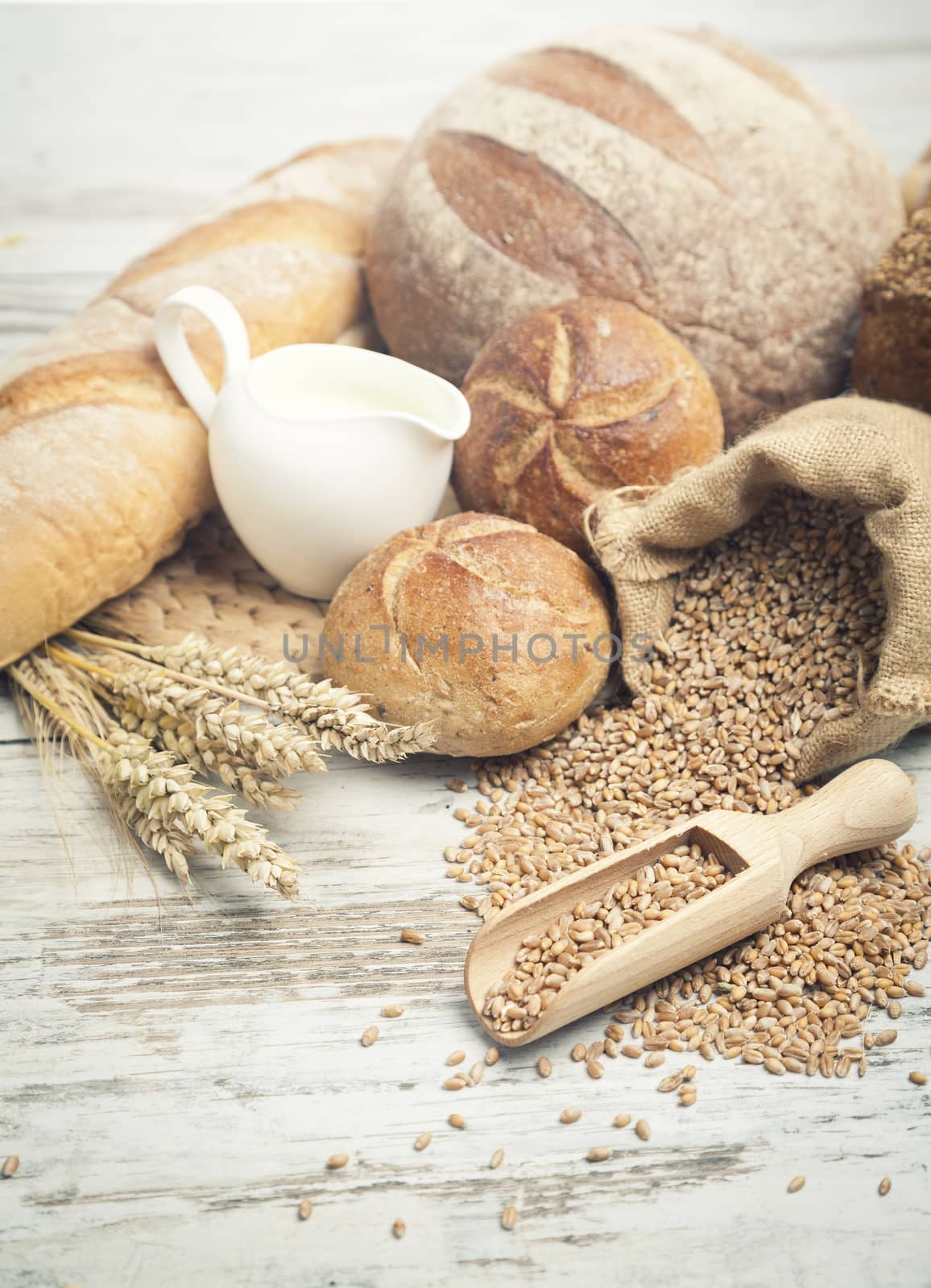 Breakfast items. Bakery Bread.Various Bread and Sheaf of Wheat Ears