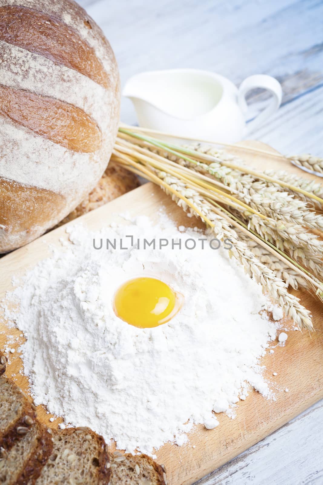 Breakfast items. Bakery Bread.Various Bread and Sheaf of Wheat Ears