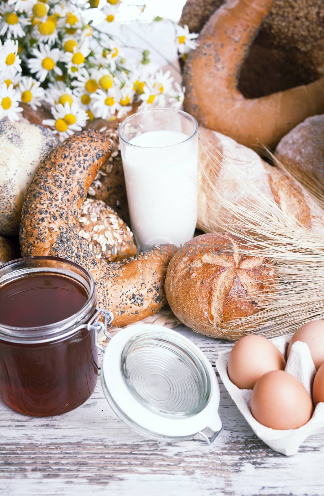 Breakfast items. Bakery Bread.Various Bread and Sheaf of Wheat Ears