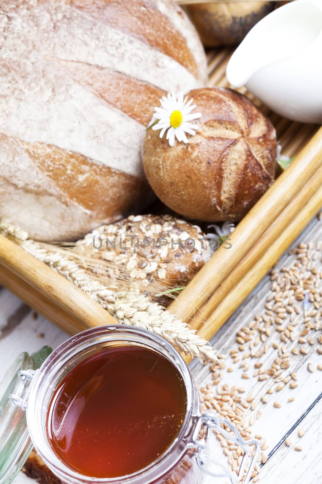 Breakfast items. Bakery Bread.Various Bread and Sheaf of Wheat Ears