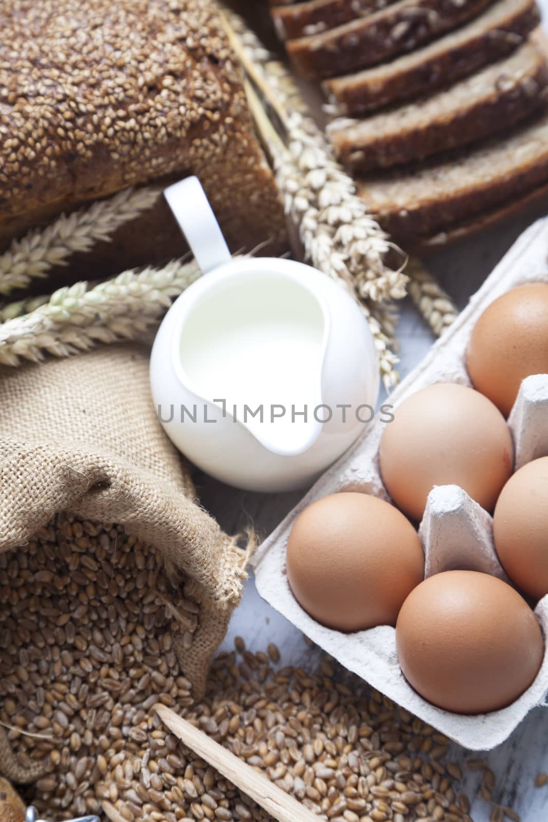 Breakfast items. Bakery Bread.Various Bread and Sheaf of Wheat Ears