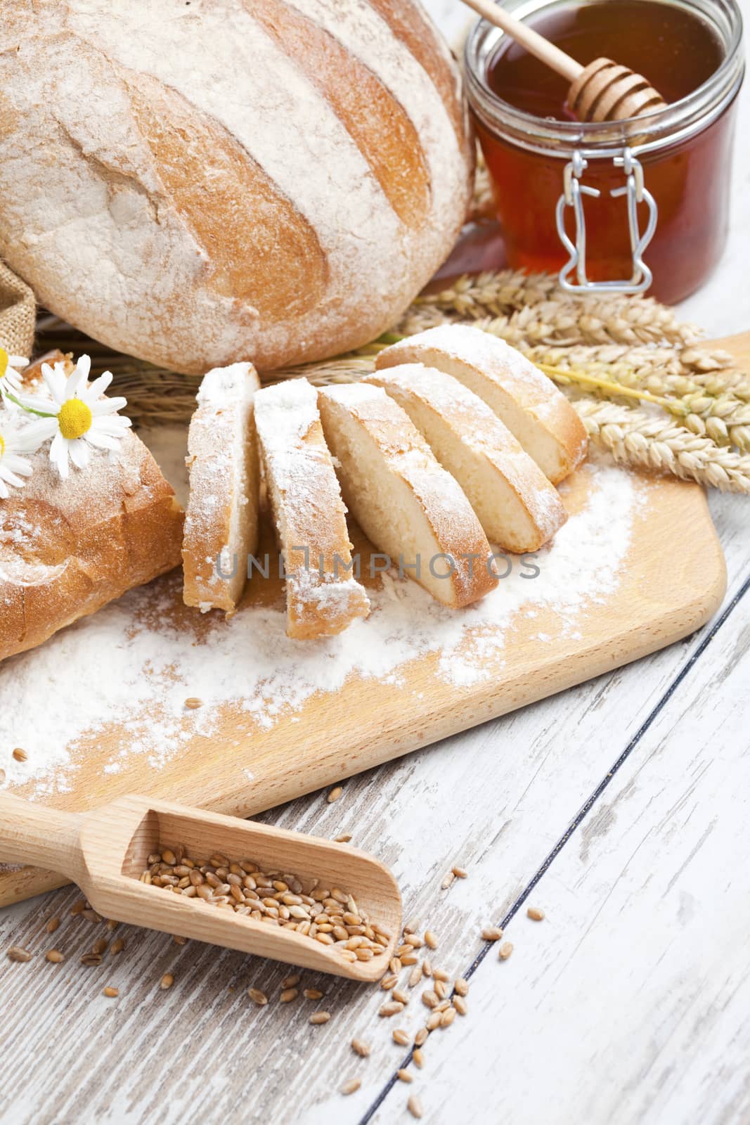 Breakfast items. Bakery Bread.Various Bread and Sheaf of Wheat Ears