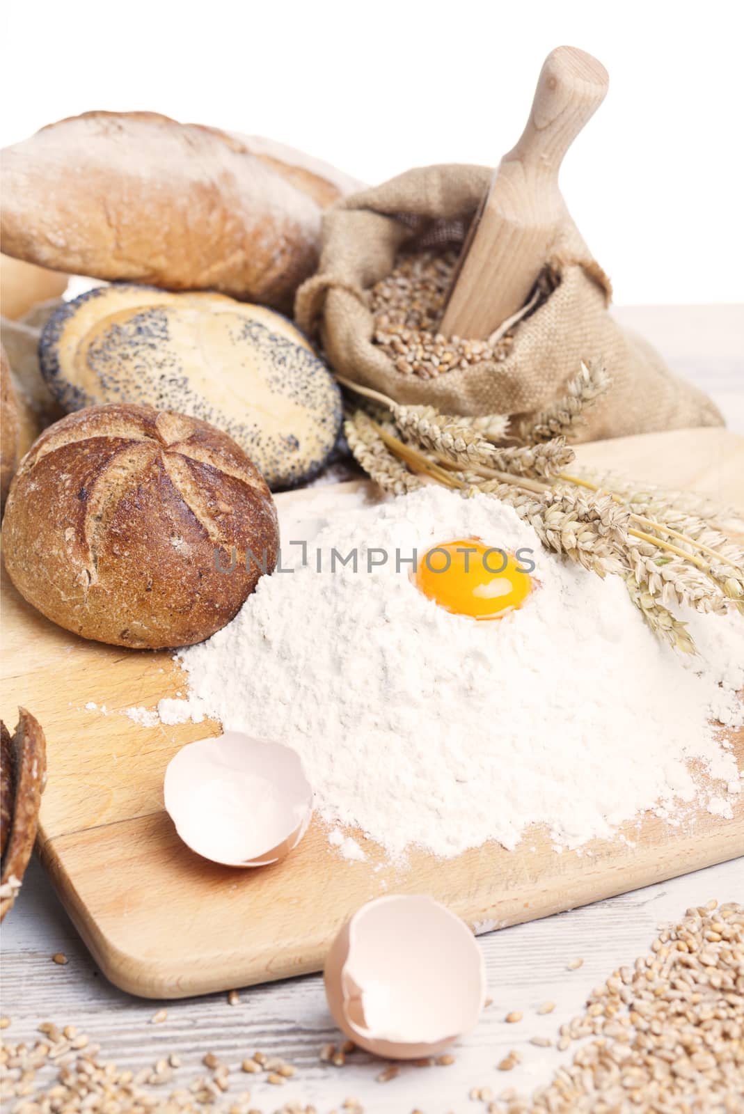 Breakfast items. Bakery Bread.Various Bread and Sheaf of Wheat Ears