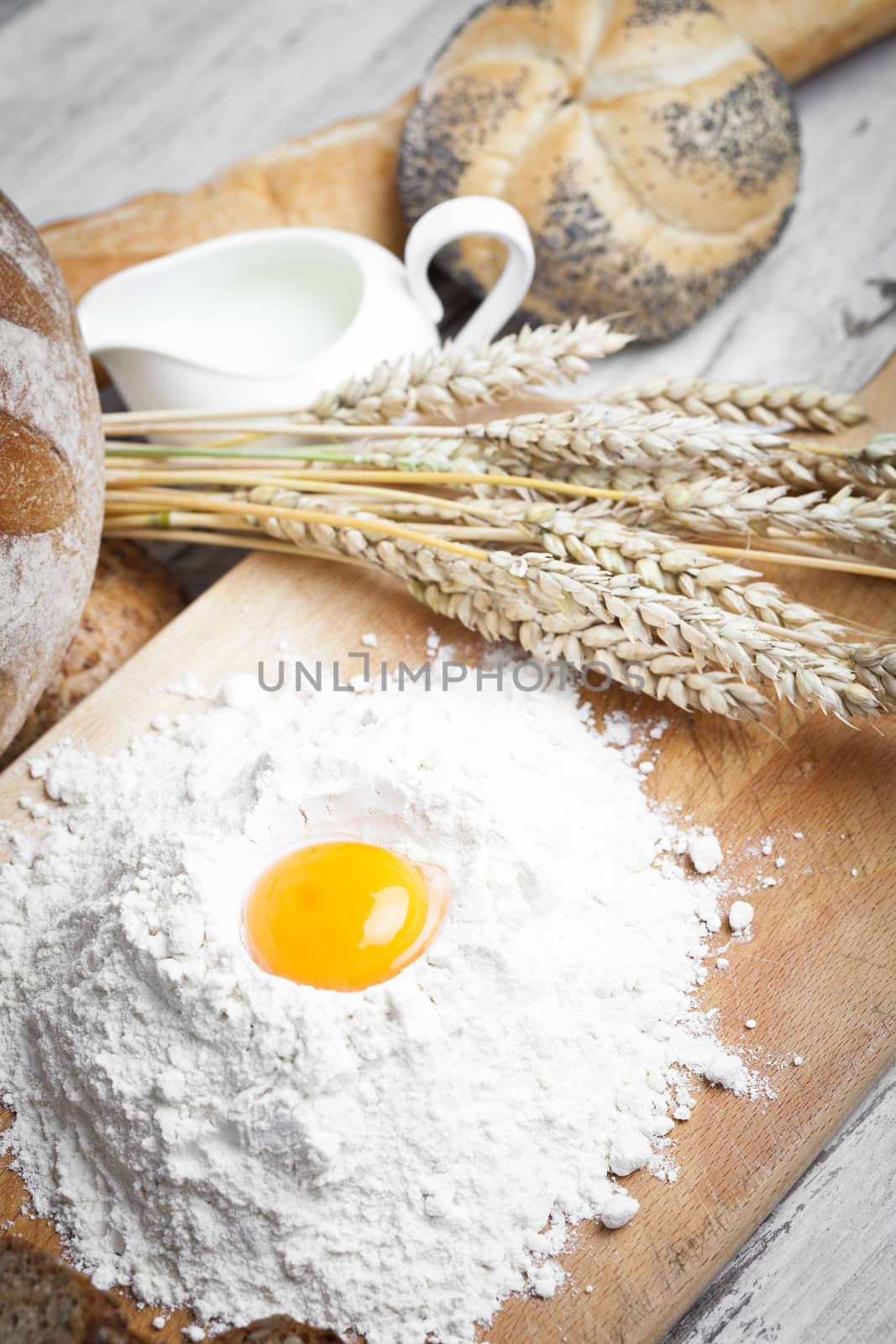 Breakfast items. Bakery Bread.Various Bread and Sheaf of Wheat Ears